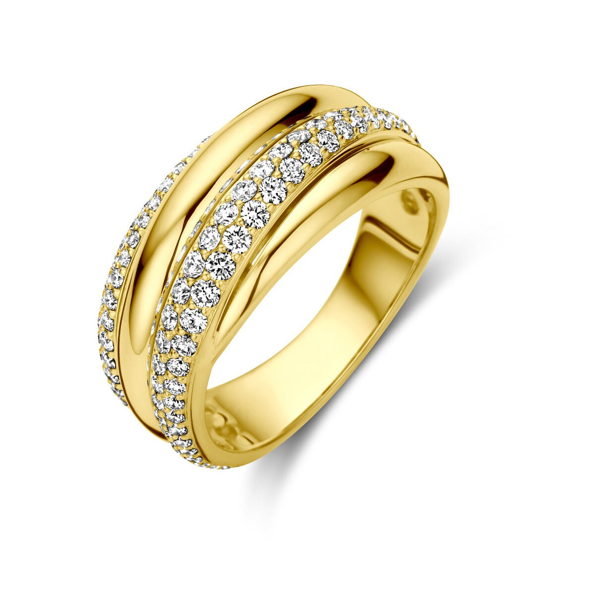 Anello in oro giallo 14k con diamanti brillanti da 0,71 ct, design a doppia fascia.