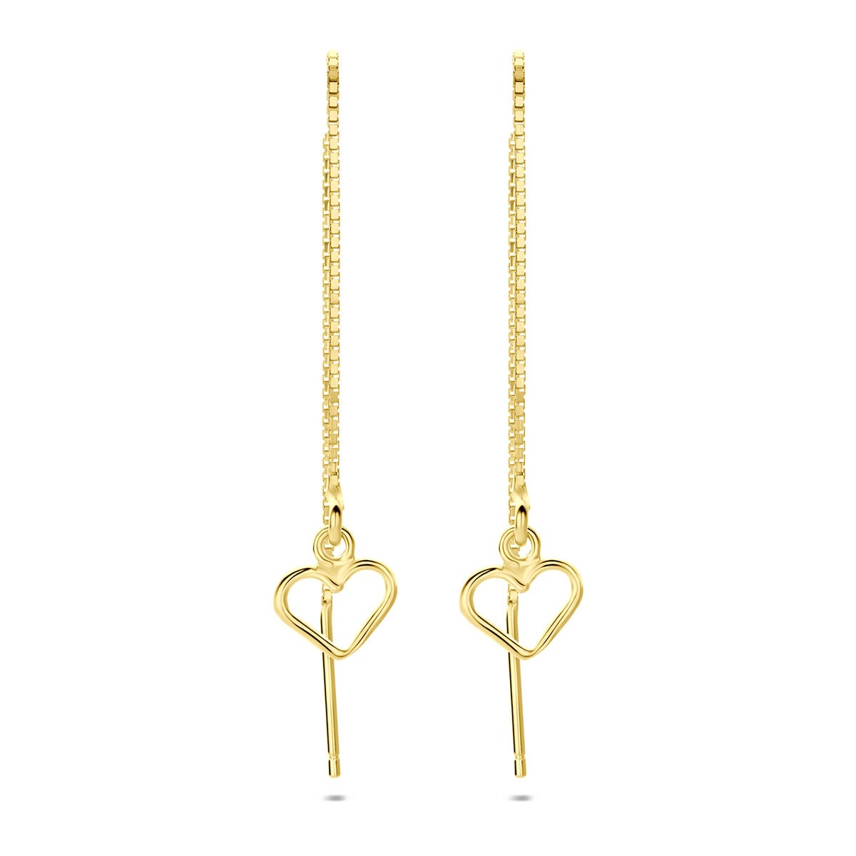 Orecchini pendenti a catena in argento dorato con forma di cuore.