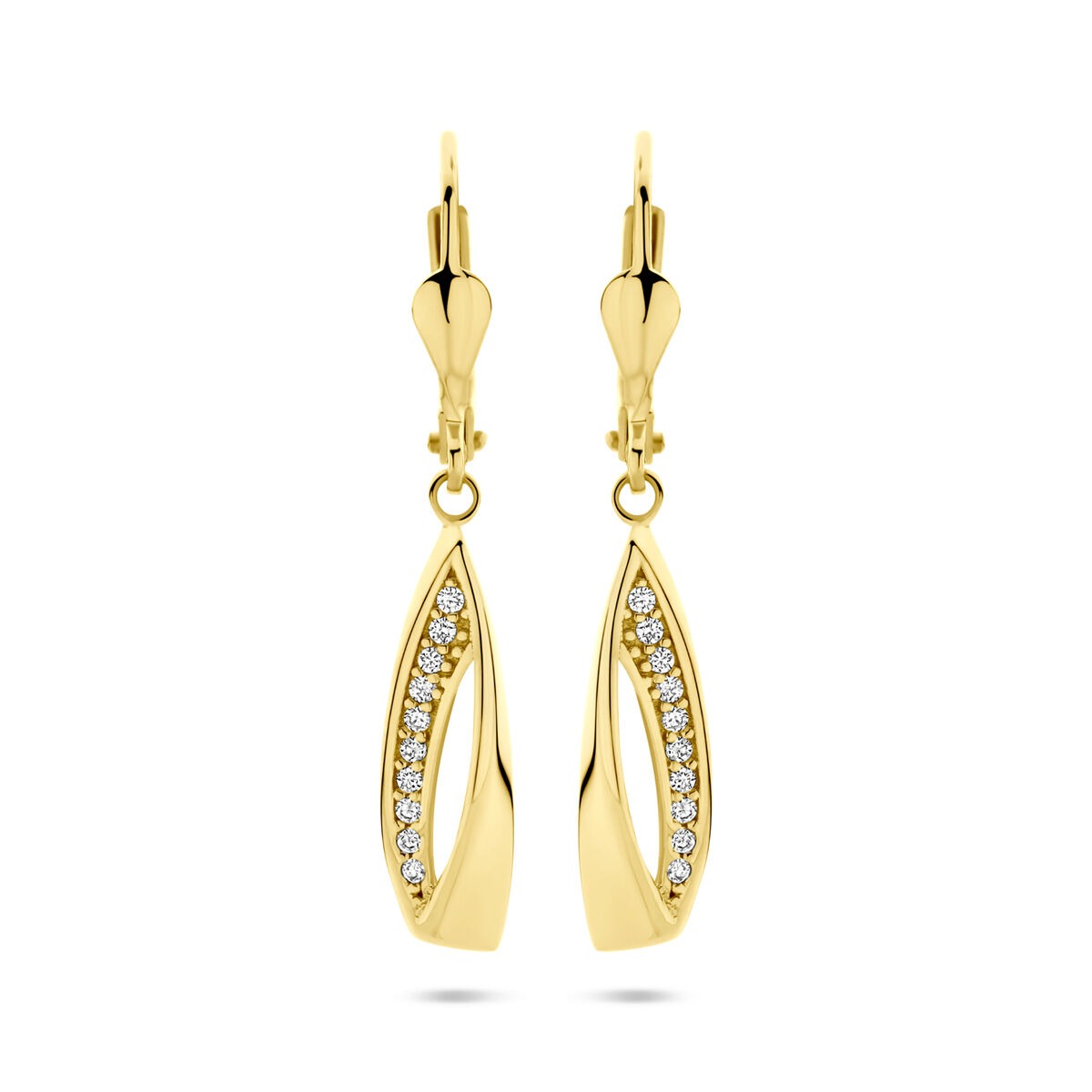 Orecchini in oro giallo 14k con zircone, design a goccia con dettagli lucidi.