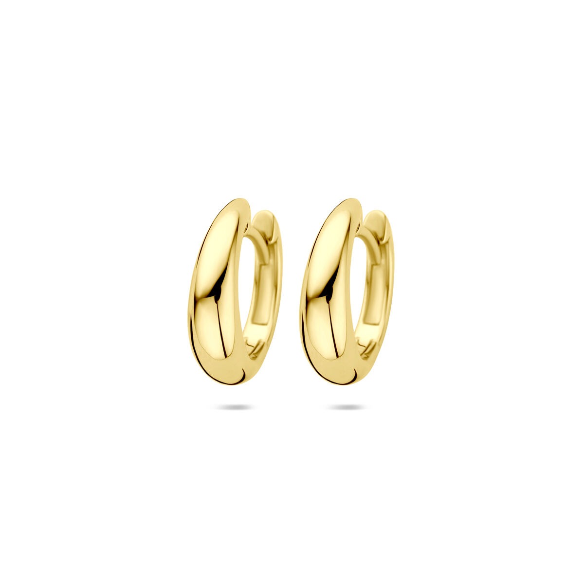 Orecchini alla creola in oro giallo 14k, misura 14 x 4,5 mm, con finitura lucida.