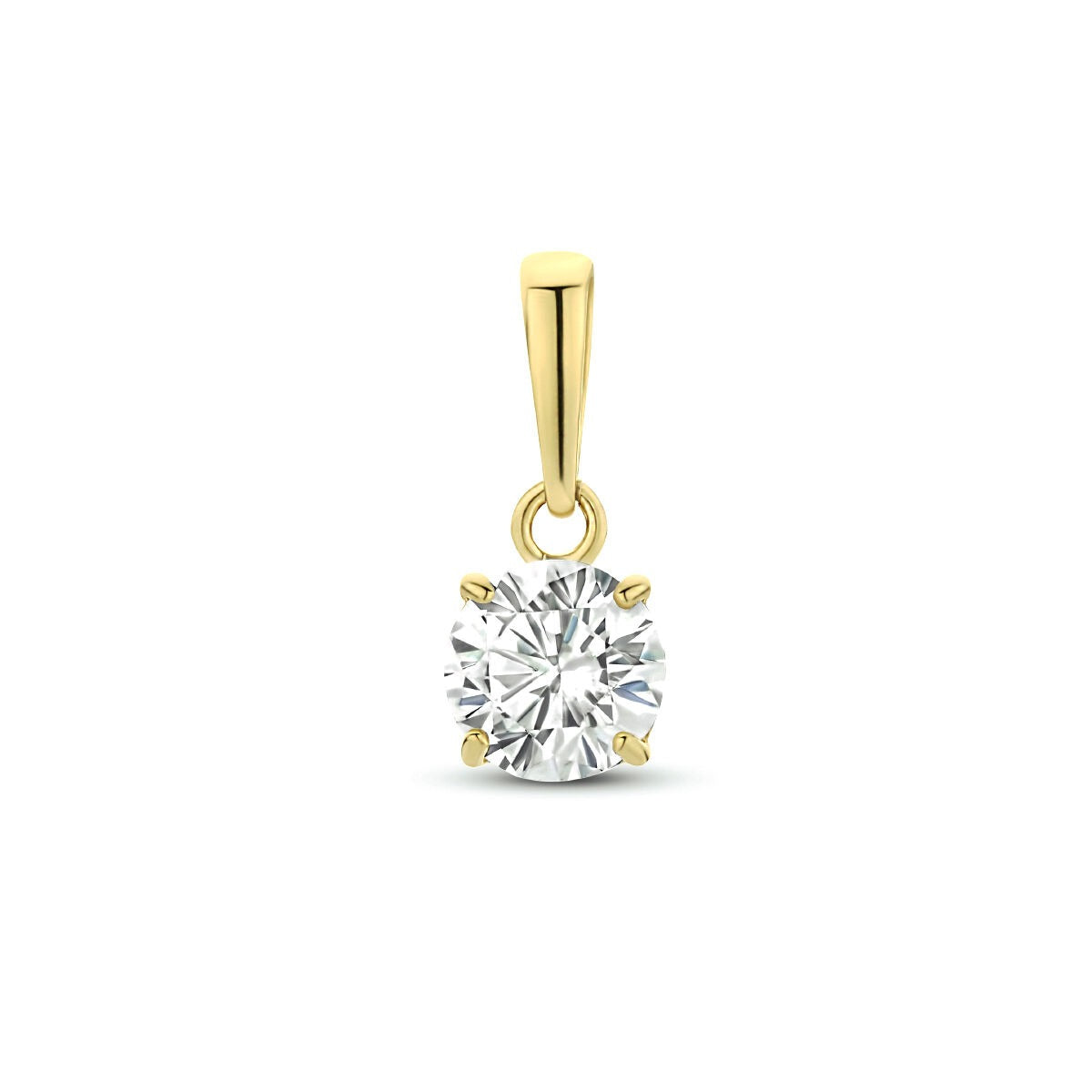 Ciondolo in oro giallo 9k con zircone, forma rotonda e finitura lucida.
