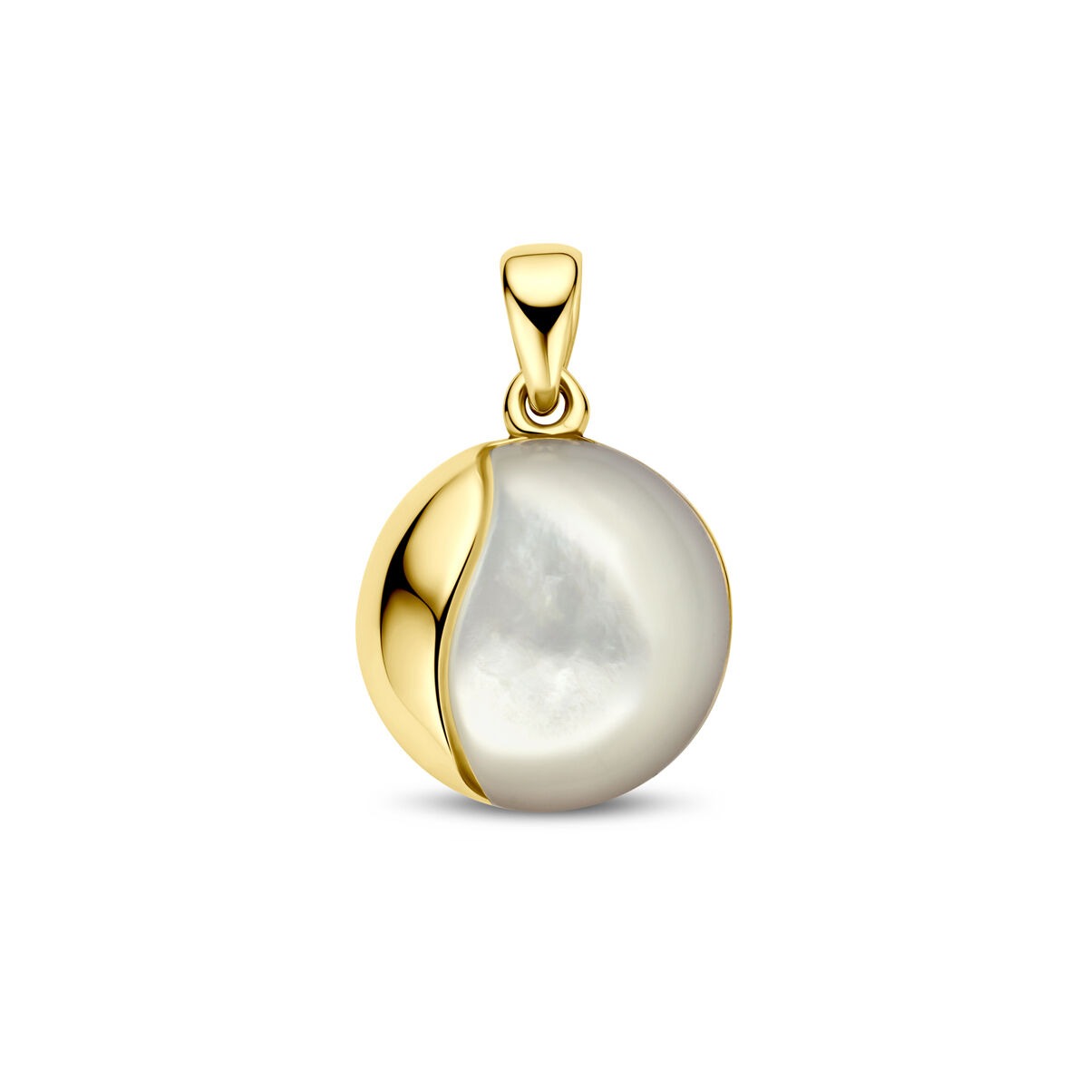 Ciondolo in oro giallo 14k con perla madreperlacea di 14 mm, forma rotonda e finitura lucida.