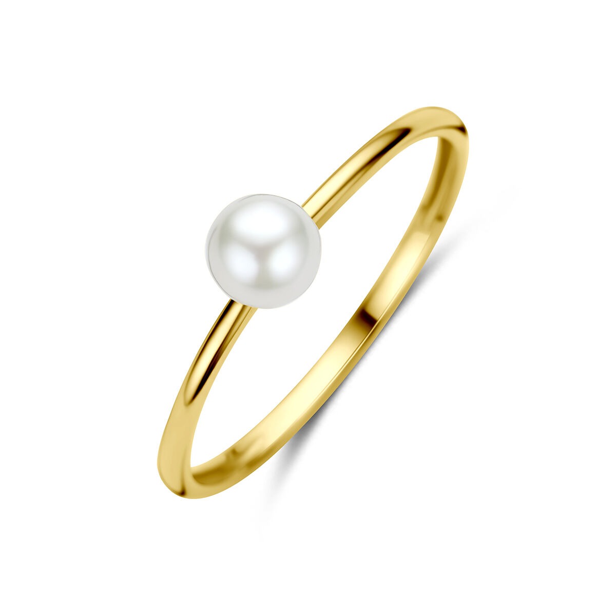 Anello in oro giallo 14k con una perla bianca centrale.