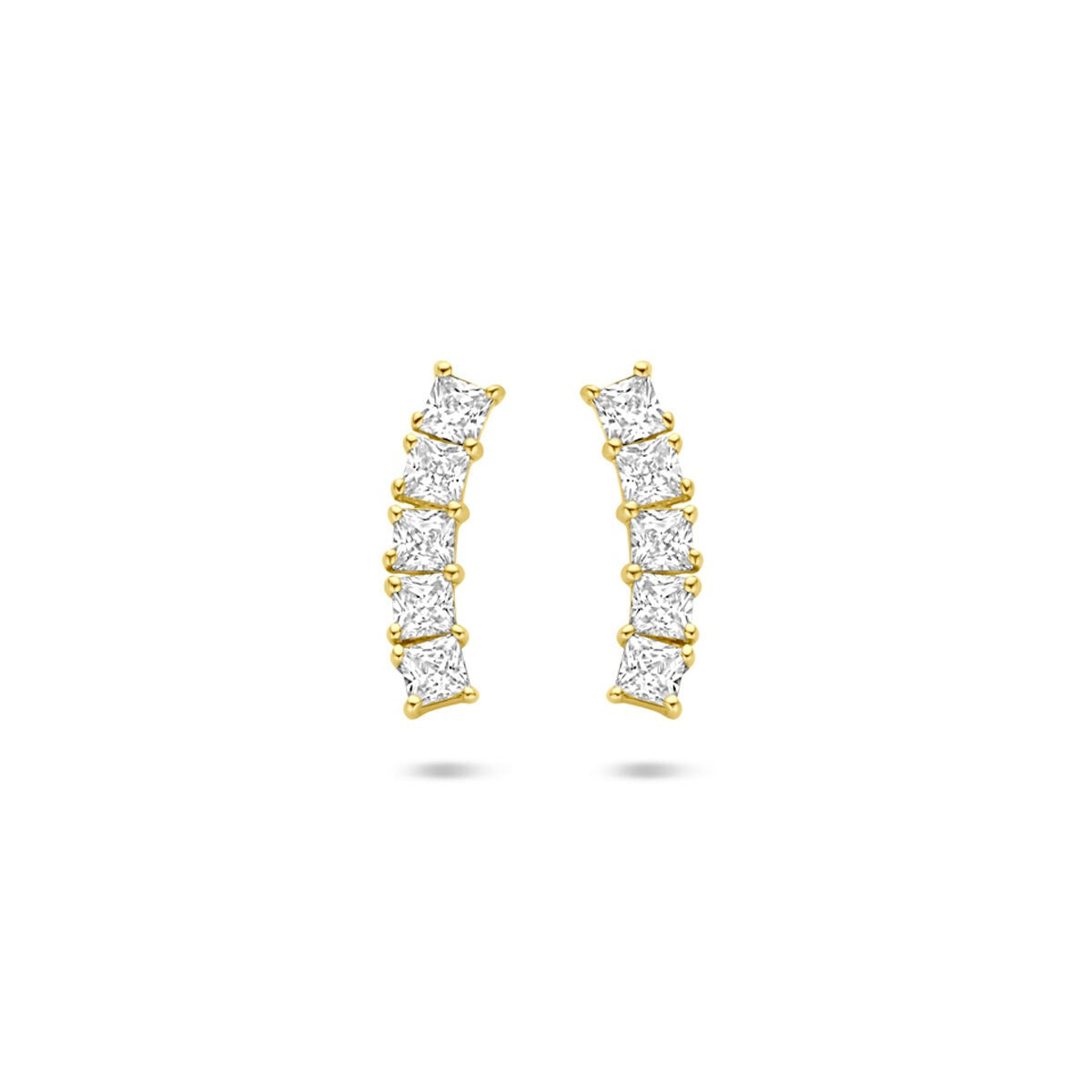 Orecchini in oro 14k con zirconi, forma curva, diametro di 12 mm.