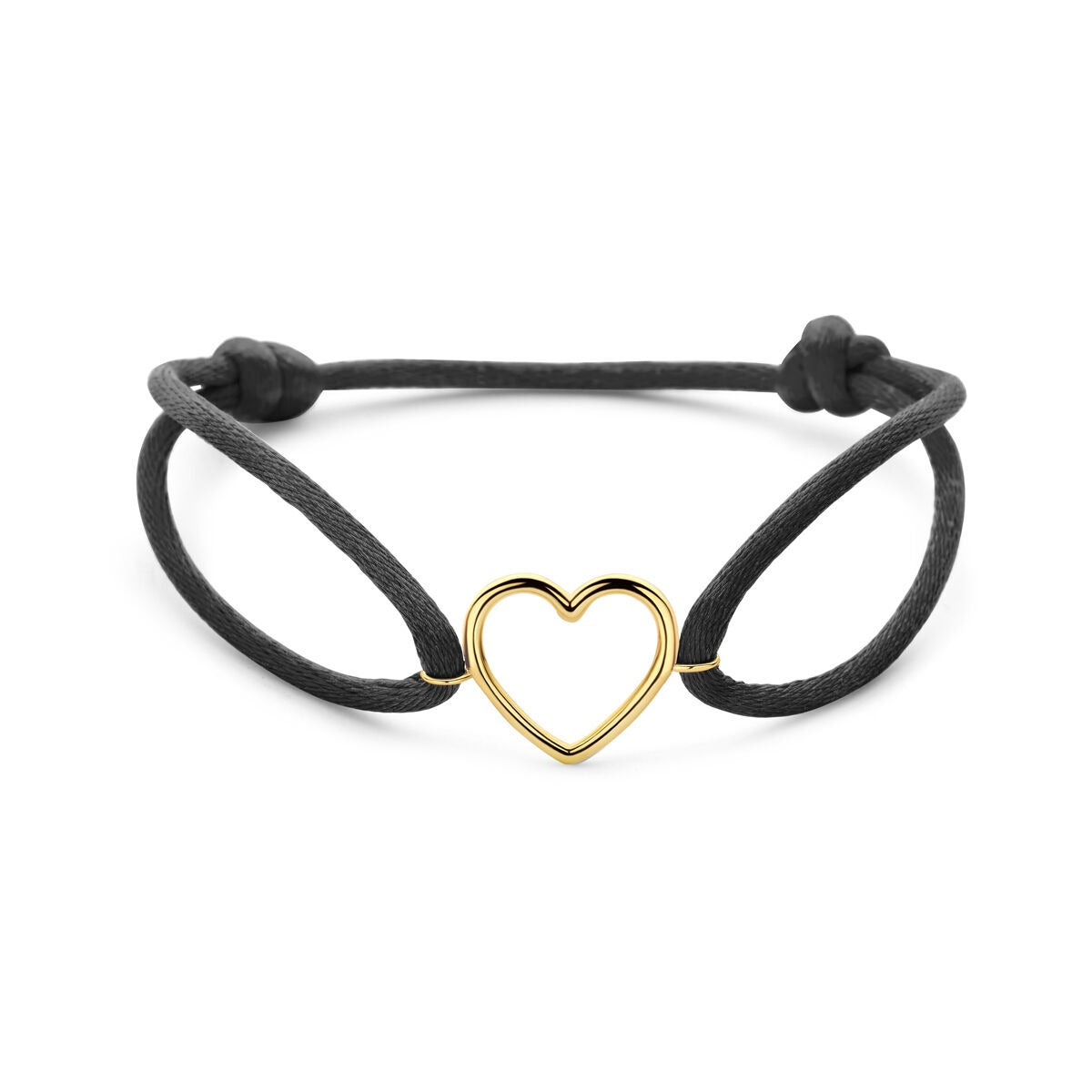 Bracciale in satin nero con cuore in oro 14K, regolabile da 13 a 26 cm.