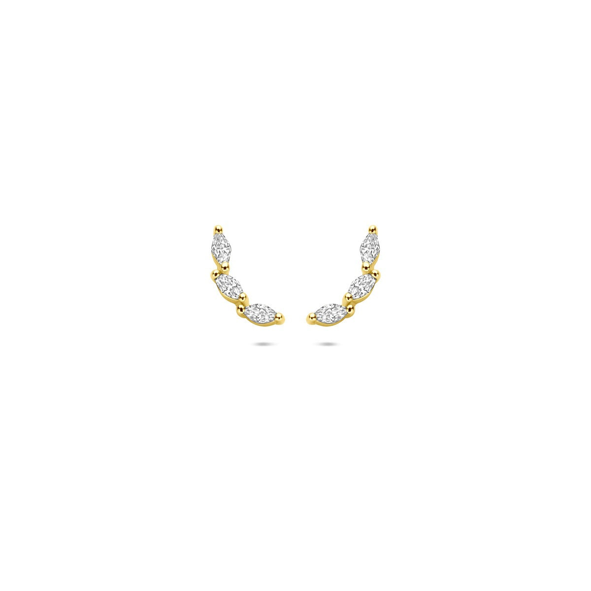 Orecchini in argento dorato con zirconi, a forma di foglia, con cinque pietre.