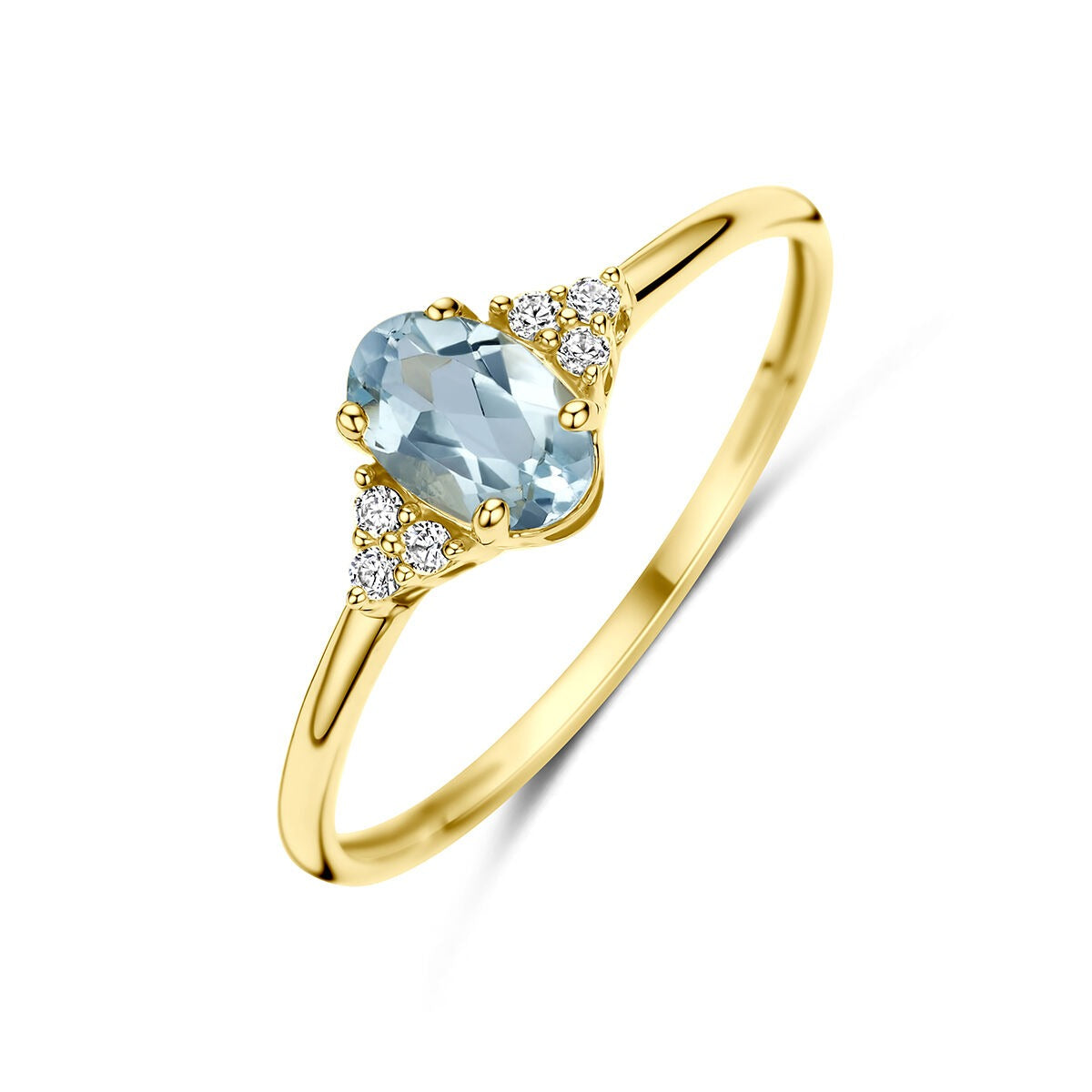 Anello in oro giallo 14k con topazio blu ovale e zirconi.