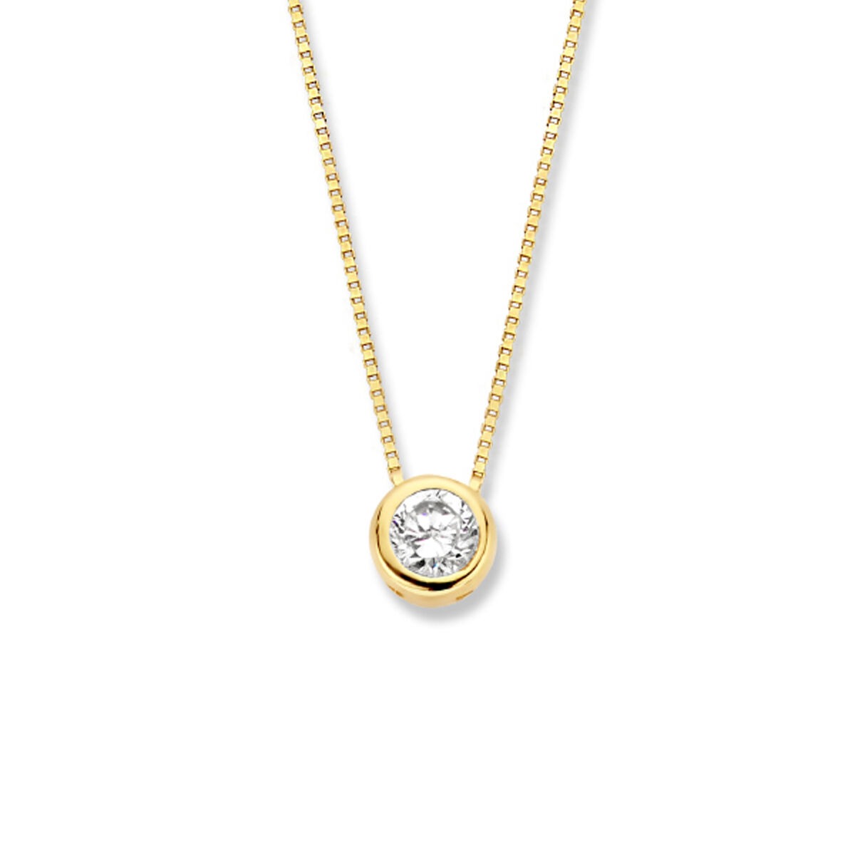 Collana in oro 14k con zirconia, maglia rolò e pendente rotondo.