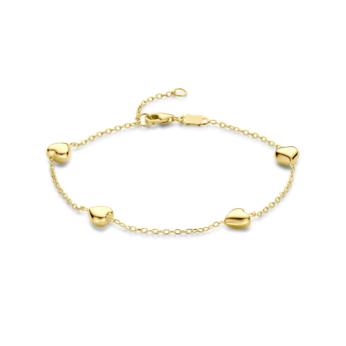 Bracciale in oro giallo 14k con cuori, lunghezza 16-18 cm.