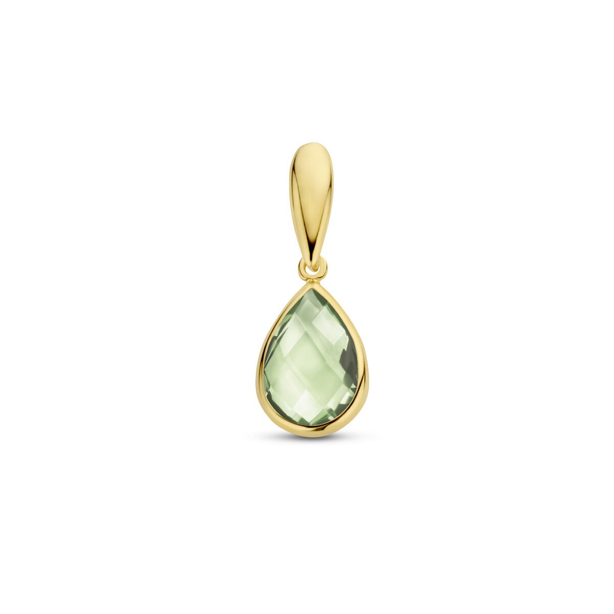 Ciondolo in oro giallo 14k con ametista verde a forma di goccia.