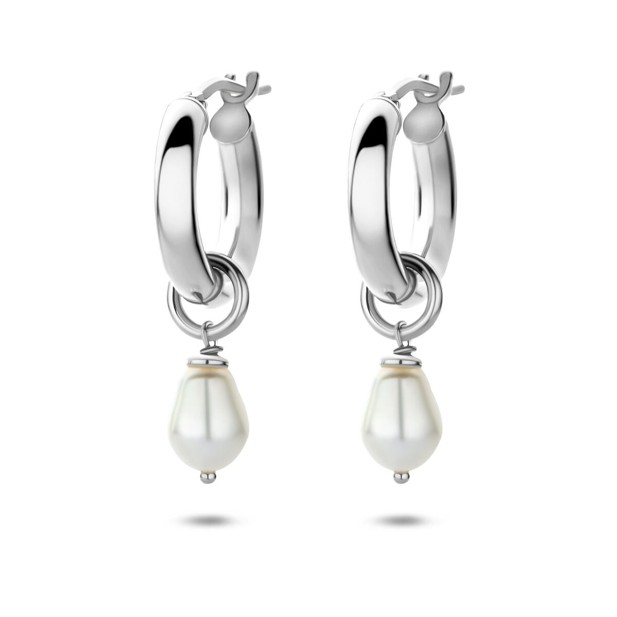 Orecchini alla creola in argento 925 rodiato con perla d'acqua dolce pendente.