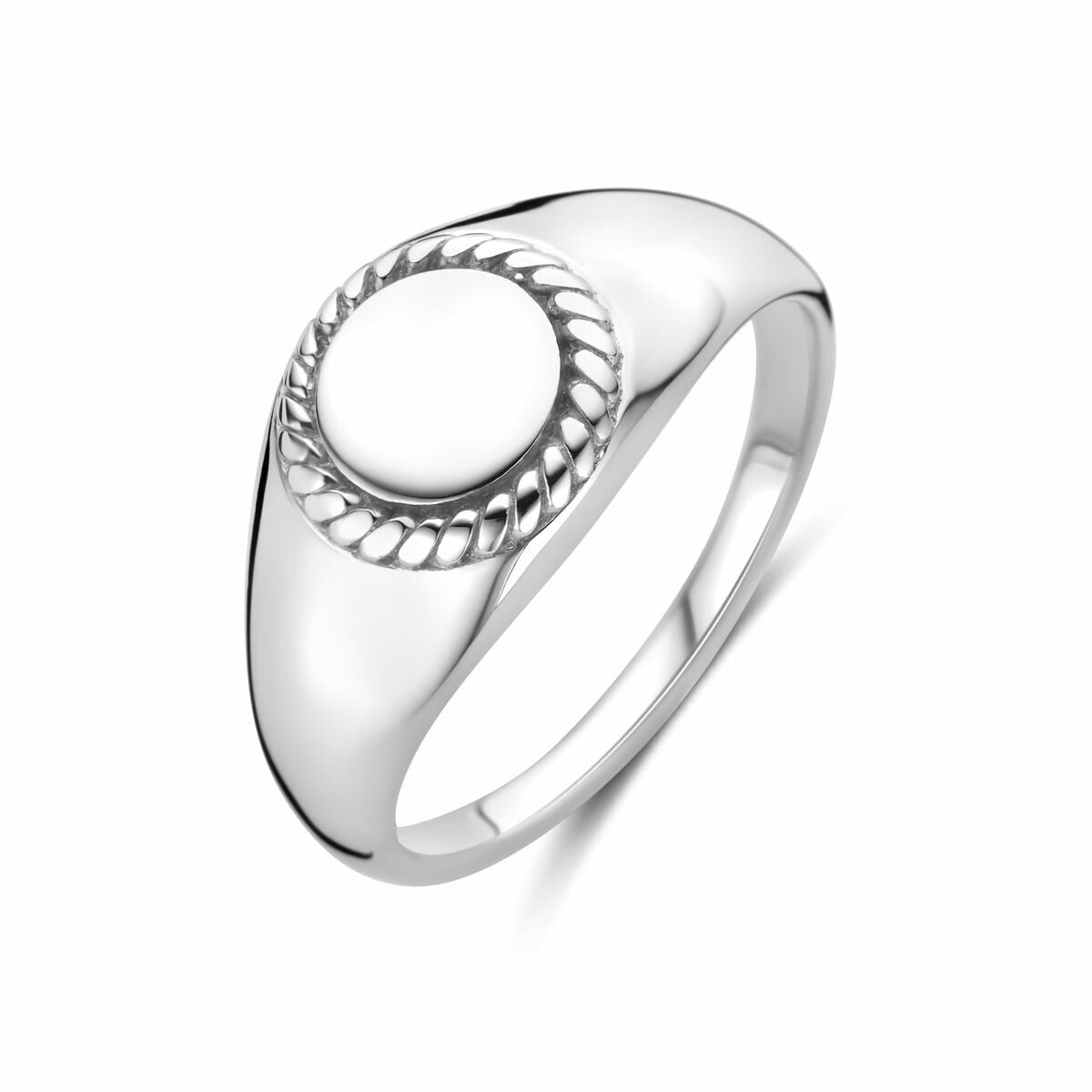 Anello con sigillo in argento rodiato 925, con finitura lucida e bordo intrecciato.