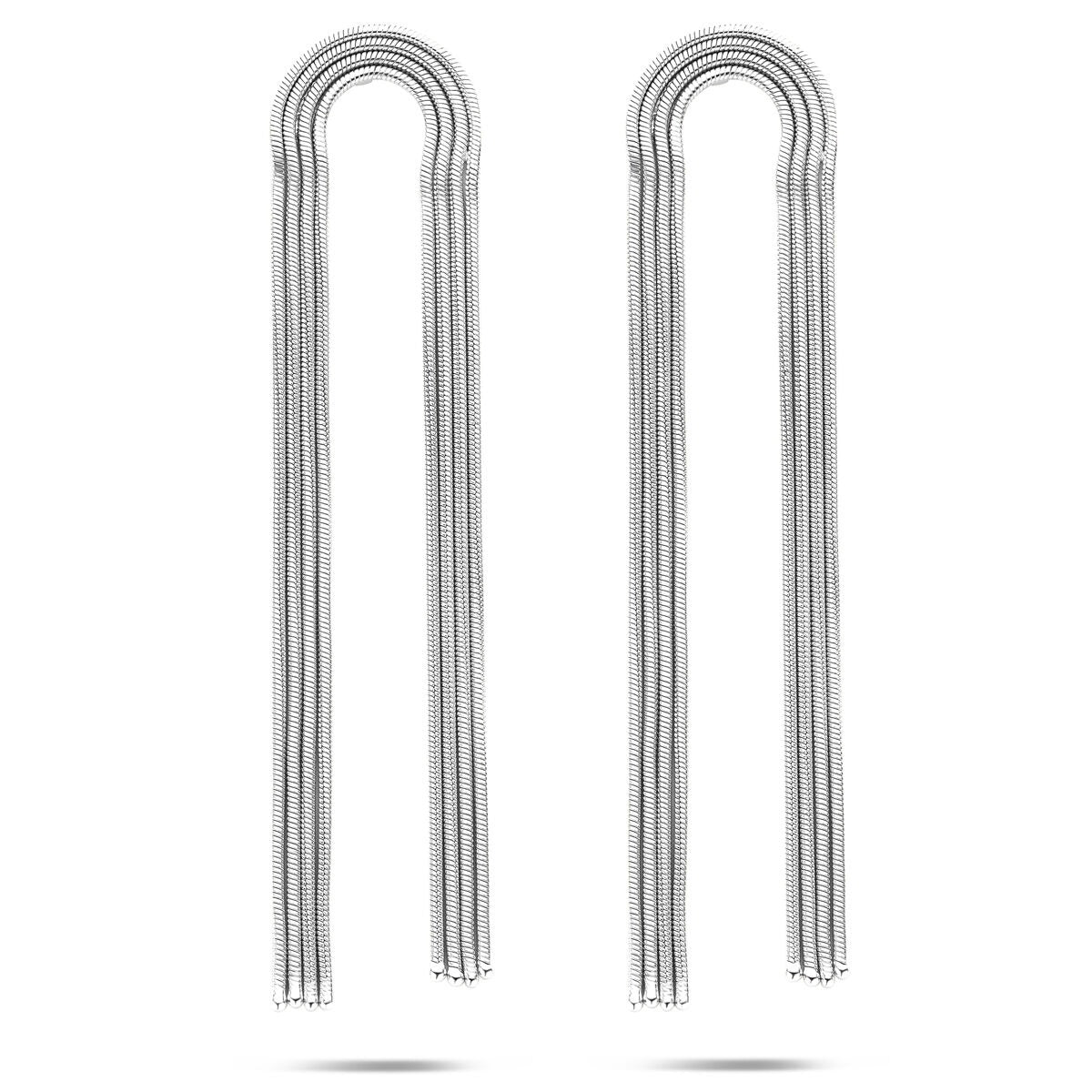 Orecchini pendenti in argento rodiato con motivo a catena, lunghezza 91 mm.