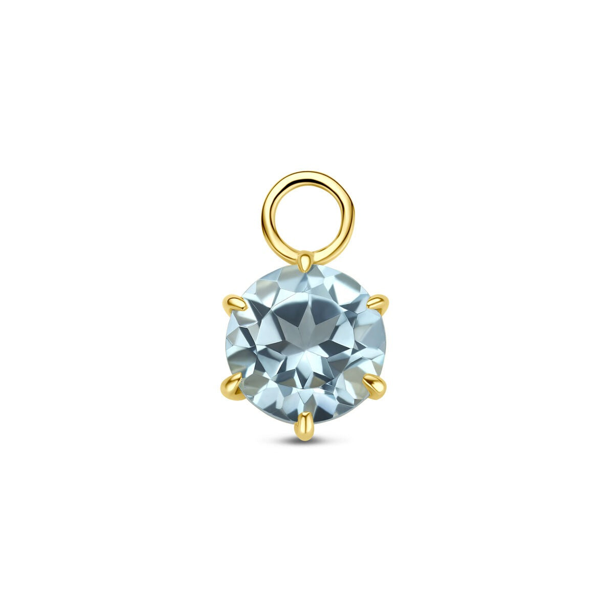 Orecchino pendente in oro giallo 14k con topazio blu, forma rotonda e montatura a sei griffe.
