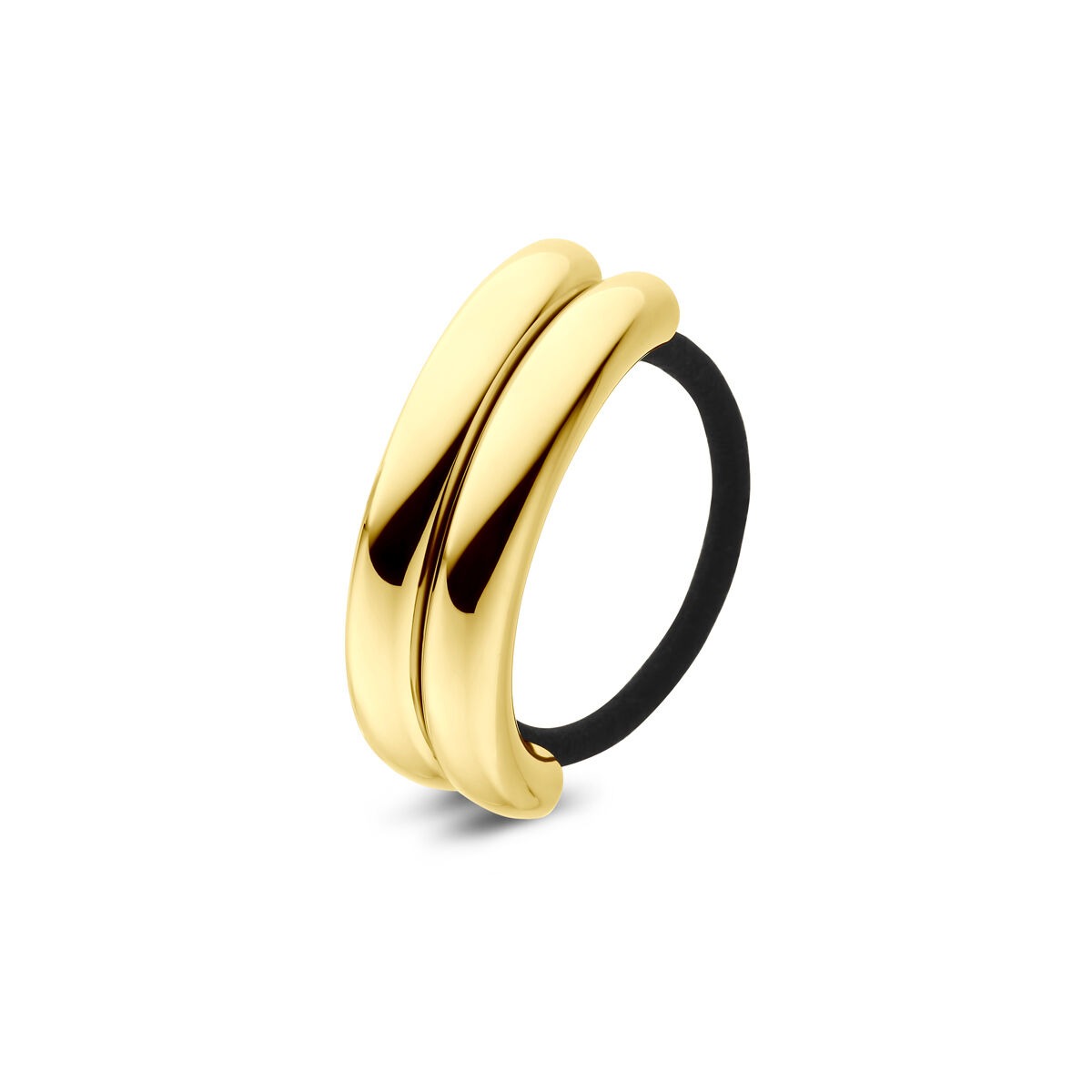 Cuff per capelli in acciaio con placcatura ionica dorata, forma ondulata e finitura lucida.