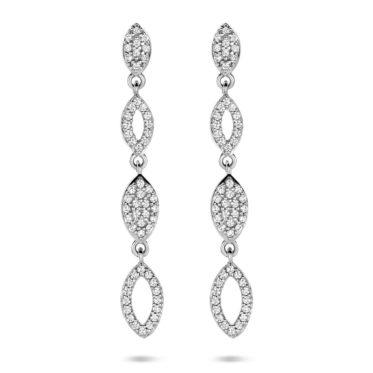 Orecchini pendenti in argento rodiato 925 con zircone, lunghezza 39 mm, design a forma di foglia.
