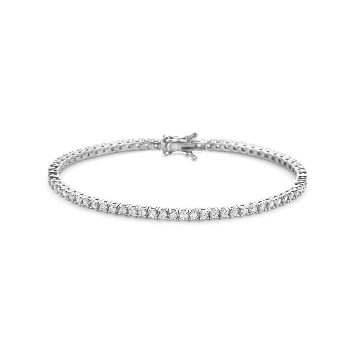 Zilveren armband van gerhodineerd 925 zilver, bezet met zirkonia-steentjes in een rechte lijn.