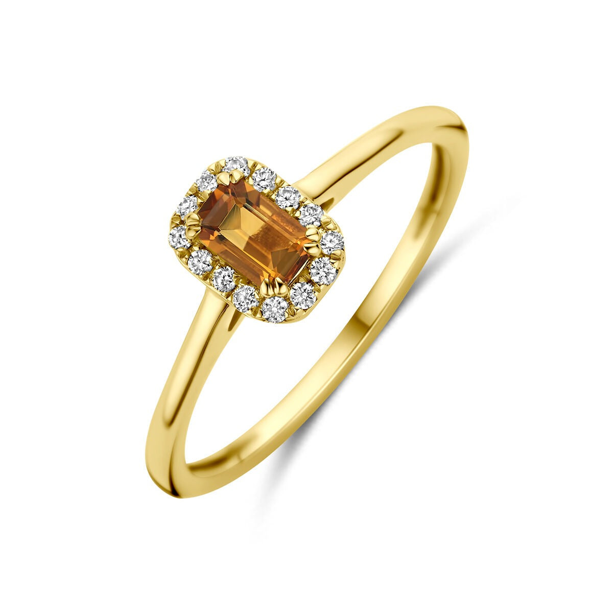 Anello in oro giallo 14k con citrino e diamante lab-grown, decorato con pietre brillanti.