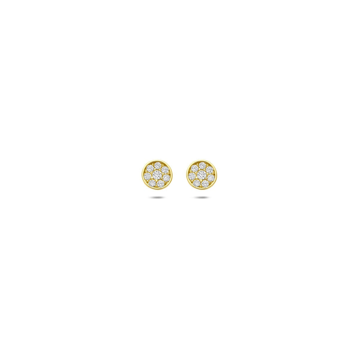 Orecchini in oro giallo 9k con zirconi, forma rotonda e design a fiore.
