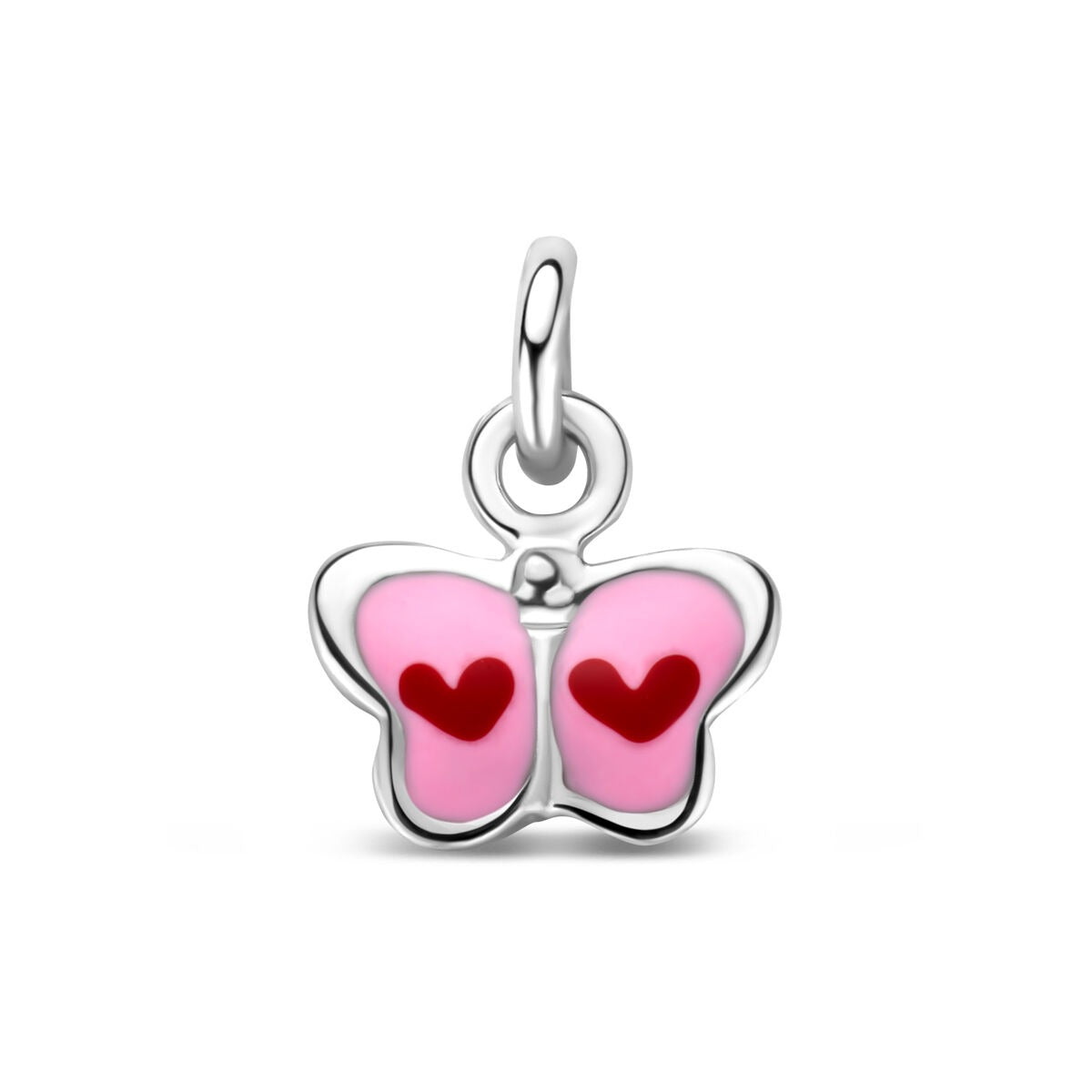 Ciondolo a forma di farfalla in argento rodiato con smalto rosa e cuori rossi.