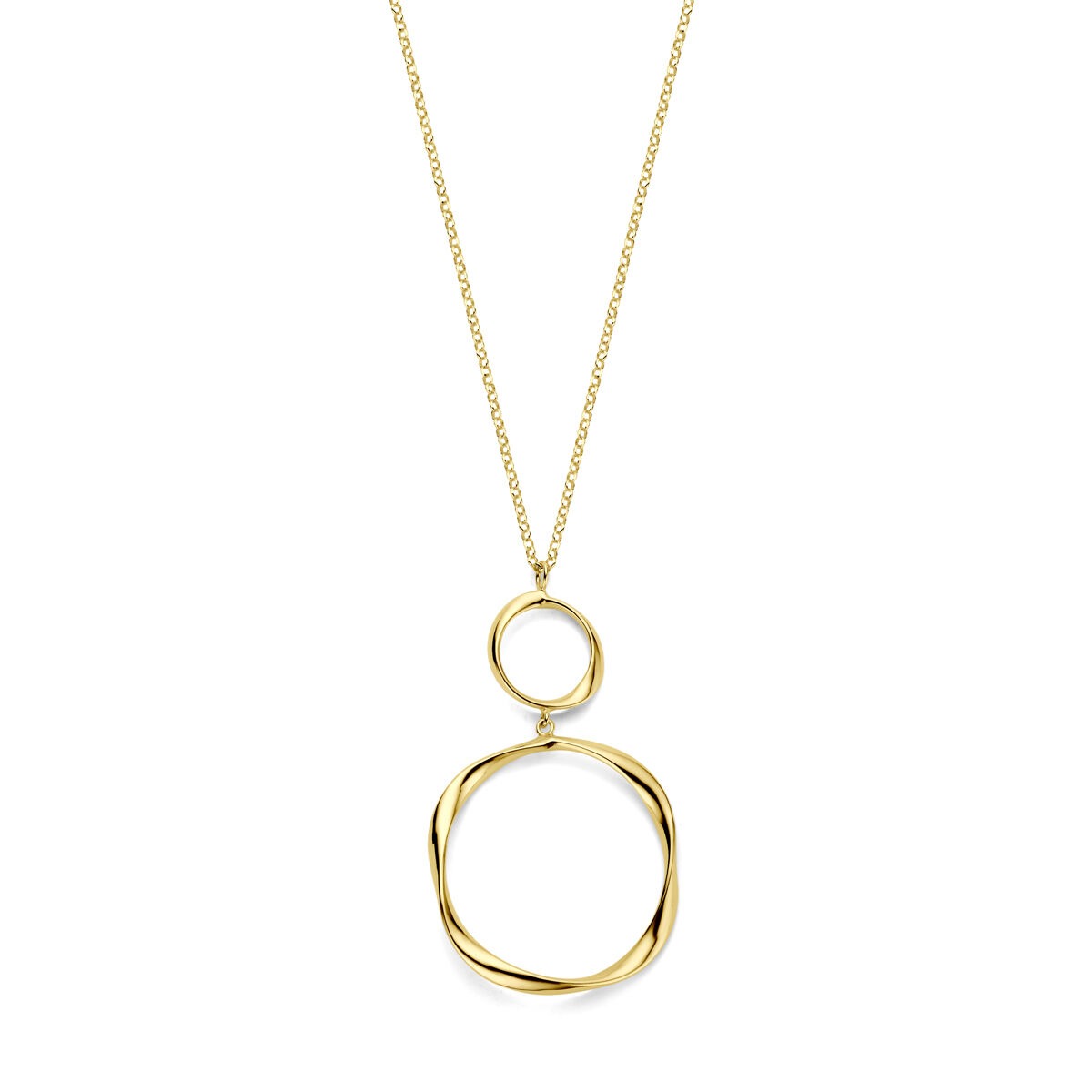 Vergulde zilveren damesketting met anker schakels en een abstracte, golvende hanger in cirkelvorm.