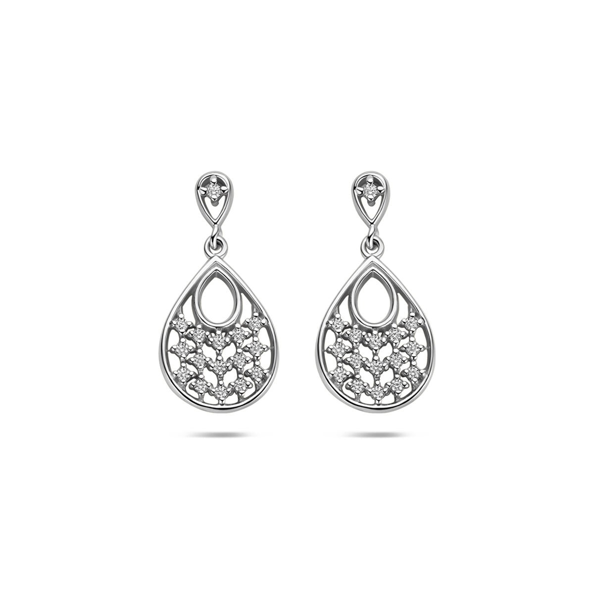 Orecchini in argento rodiato con zircone, a forma di goccia con motivo intrecciato.