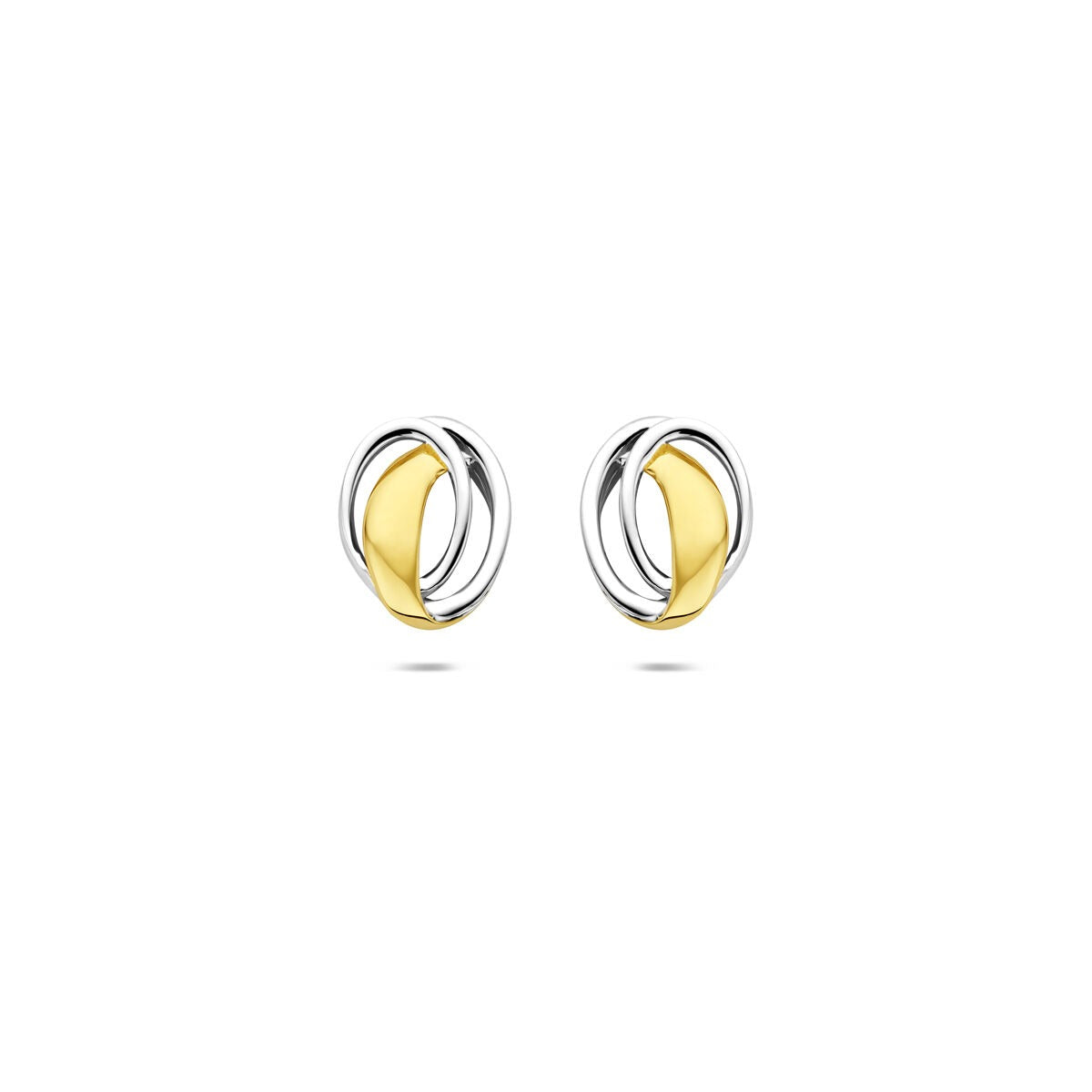 Orecchini in oro bicolore giallo e bianco con design intrecciato.