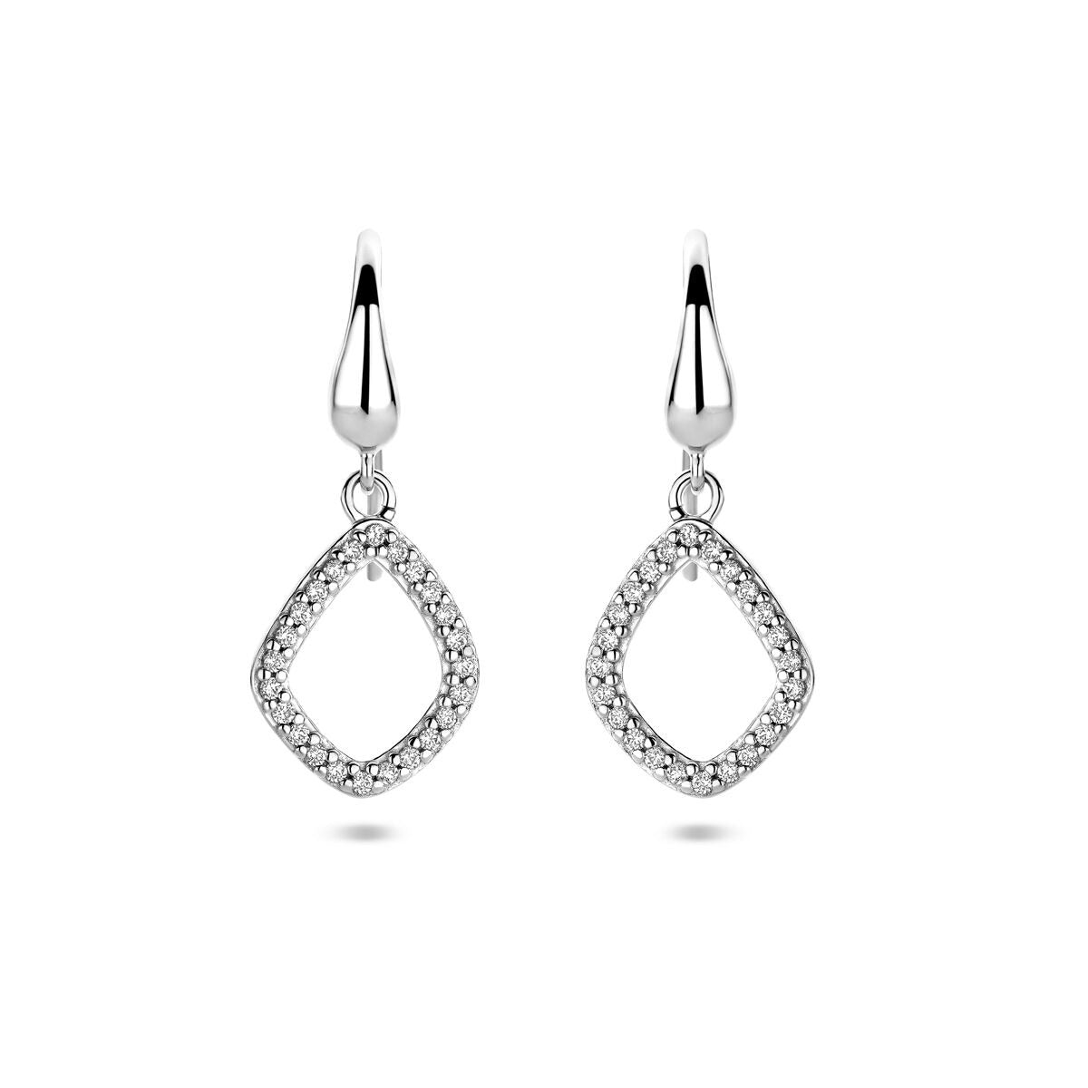 Orecchini argento a forma di rombo con zirconi, lunghezza 25 mm.