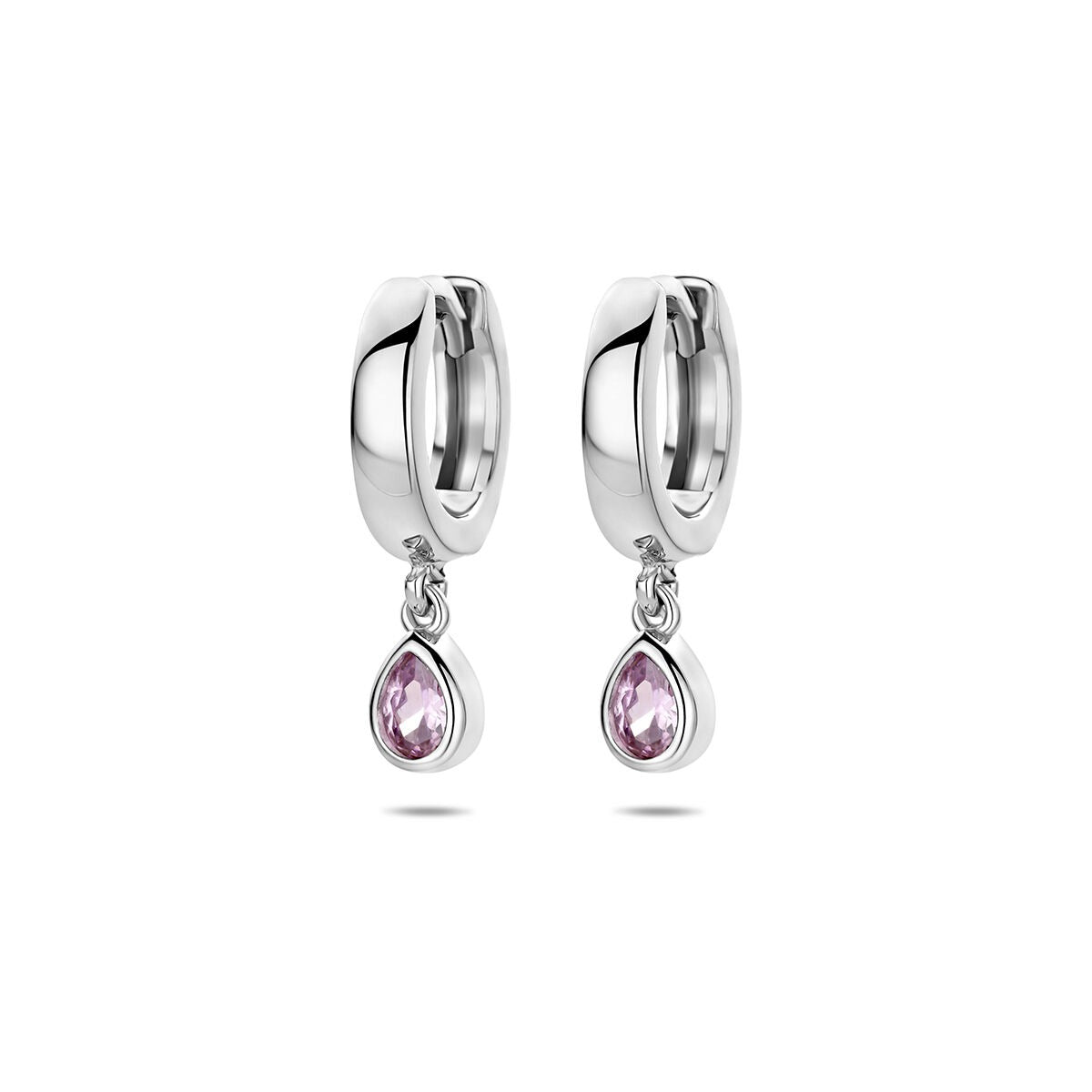 Orecchini alla creola in argento 925 rodiato con zircone rosa a goccia.