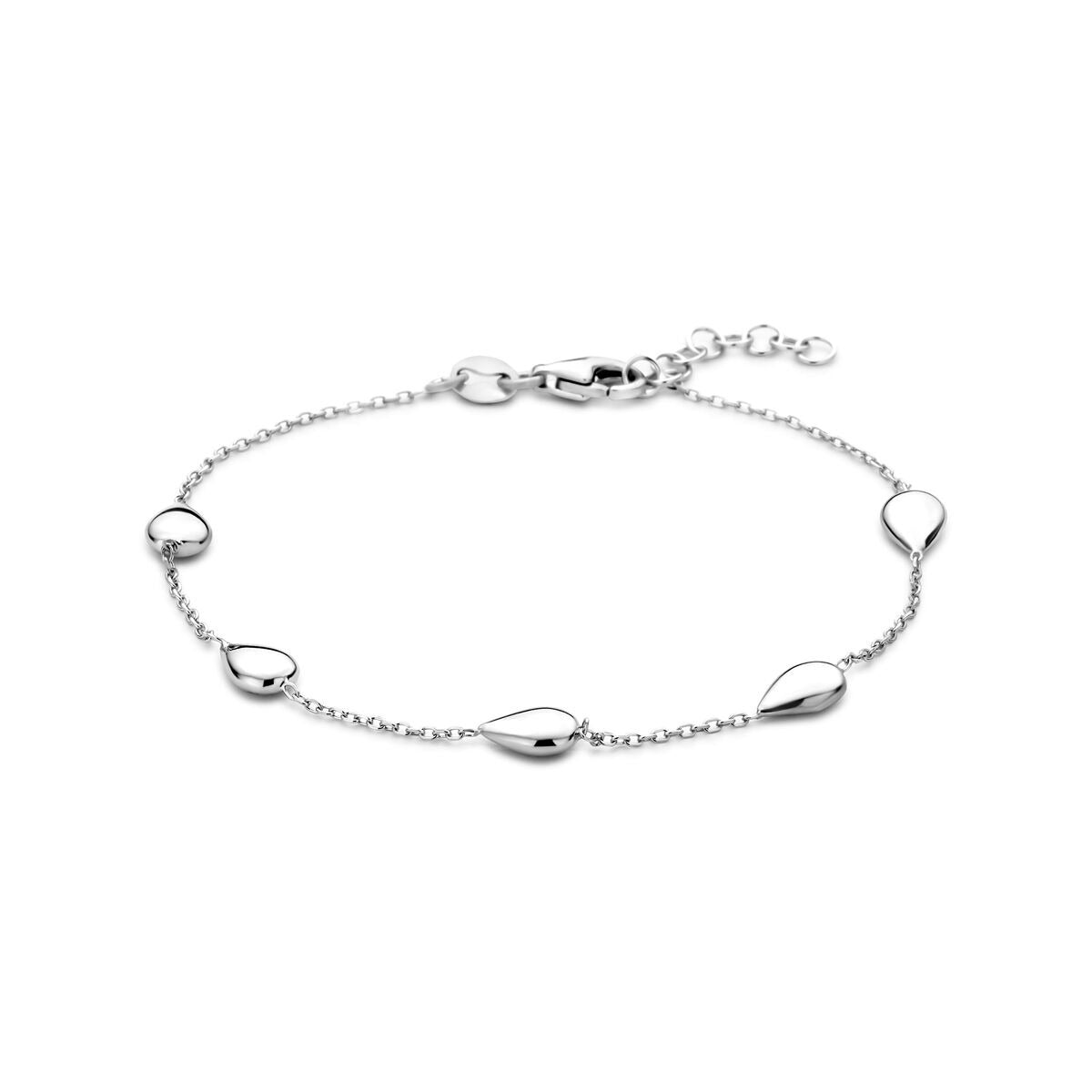 Zilveren armband met gerhodineerde afwerking en druppelaccenten, verstelbaar van 17 tot 19 cm.