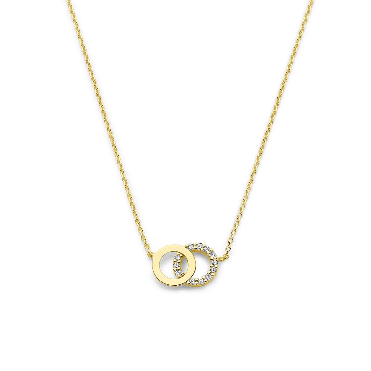 Collana da donna in oro giallo con zircone, regolabile fino a 44 cm, con due anelli intrecciati.