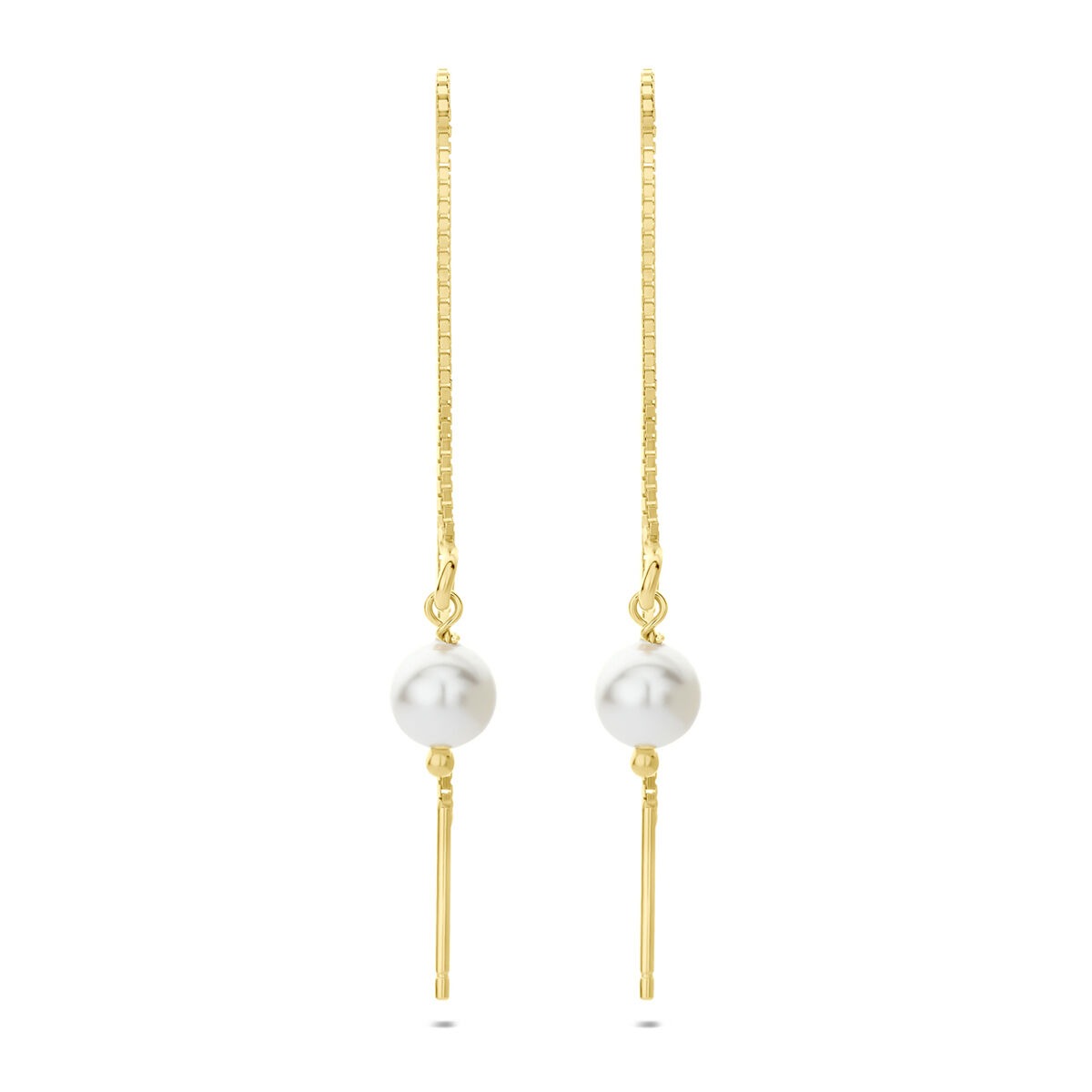 Orecchini pendenti in argento dorato con perla bianca e asta sottile.
