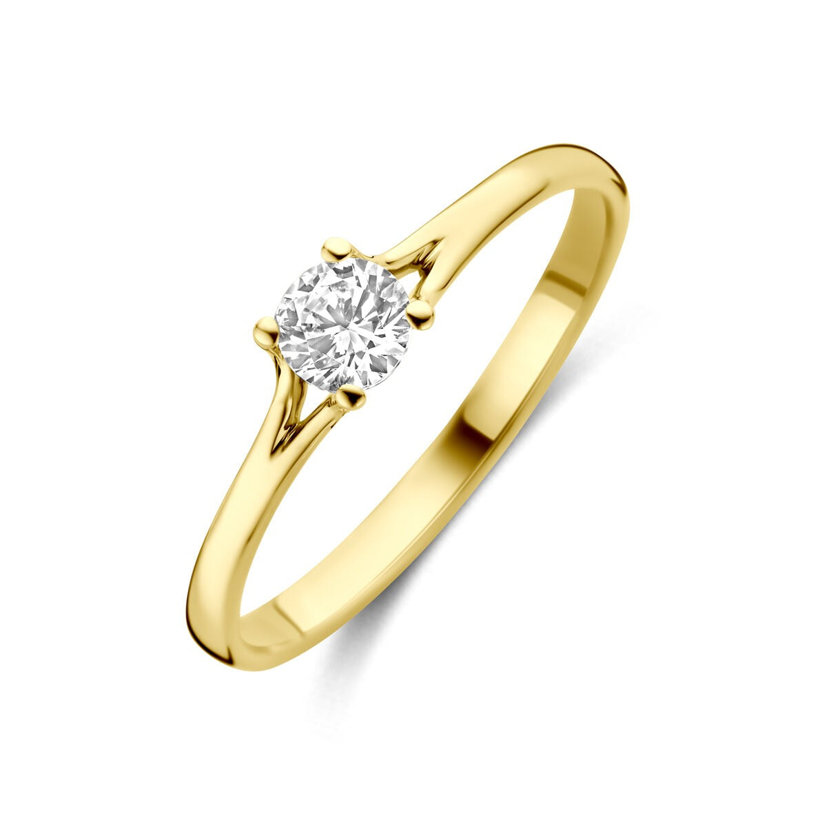 Anello da donna in oro giallo 14k con zircone, design semplice e brillante.