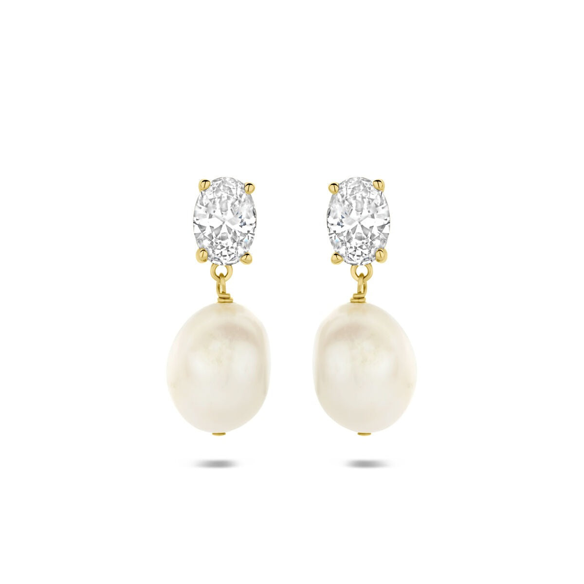 Orecchini in argento 925 dorato con perla e zircone, forma ovale e pendente.