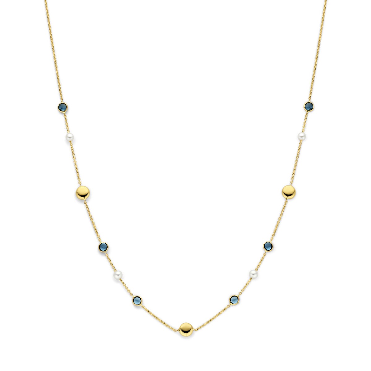 Geelgouden collier met parels en London Blue topaas, met een speelse afwisseling van edelstenen en parels.