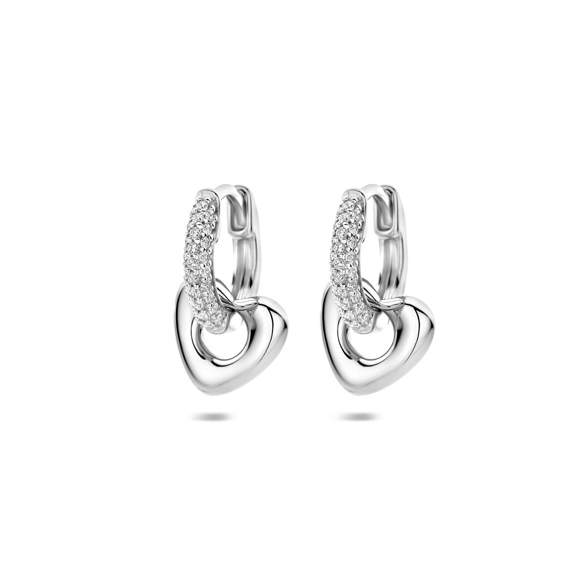Orecchini argentati a forma di cuore con zircone, finitura rodiata.