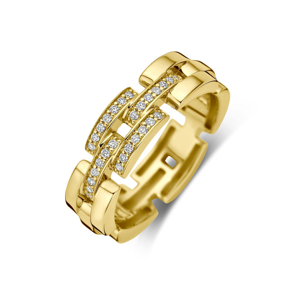 Anello in oro giallo 14k con diamanti incastonati, design moderno e geometrico.
