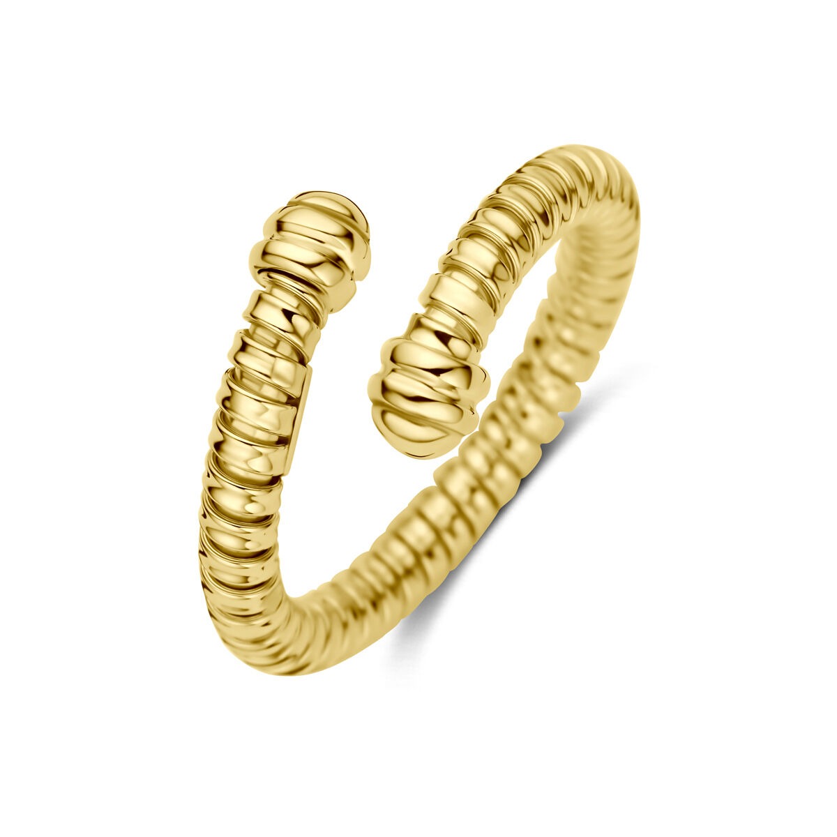 Anello in oro giallo 14k con design a spirale e dettagli bombati, larghezza 11 mm.