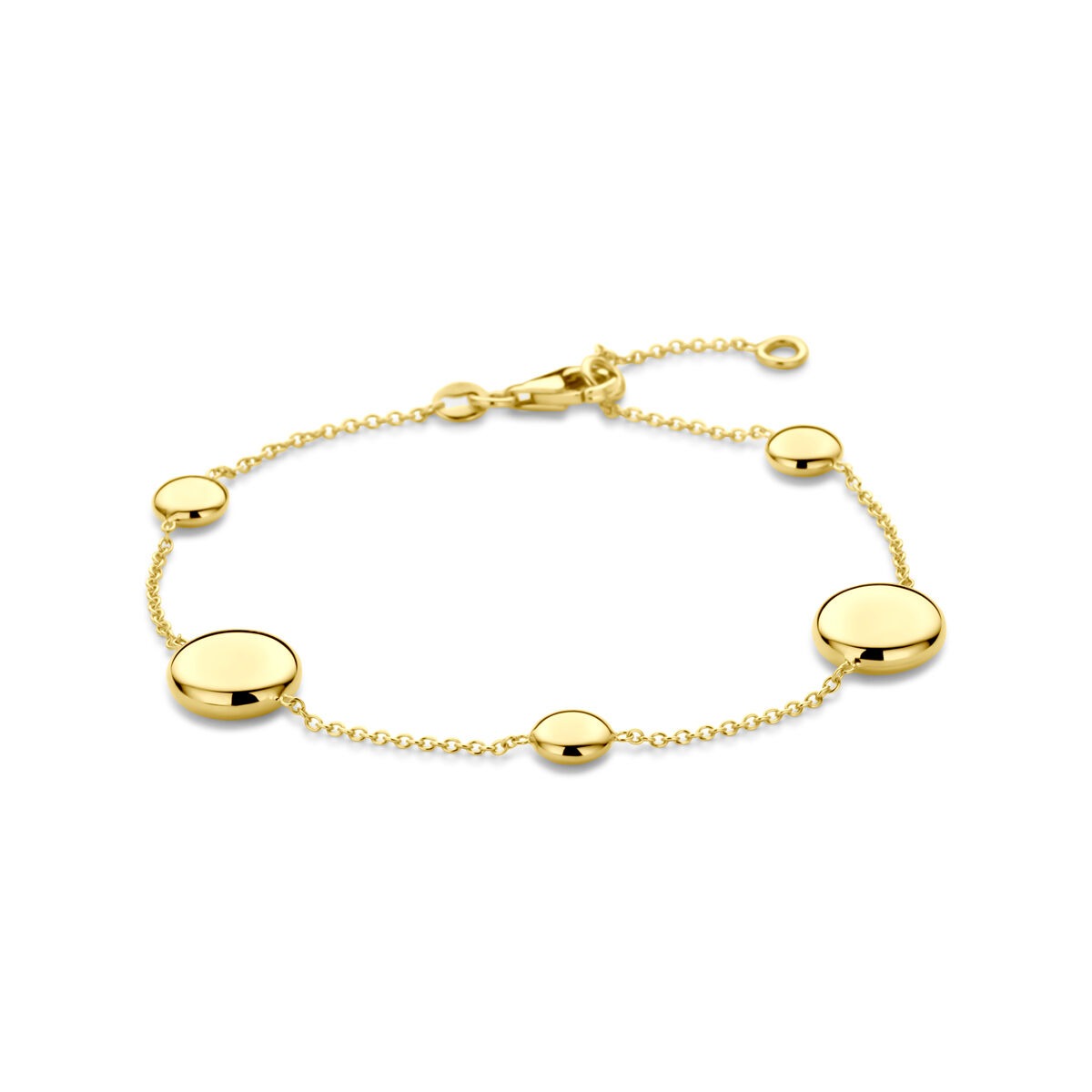 Bracciale da donna in oro giallo 14k con dischi lucidi, lunghezza 17-19 cm.