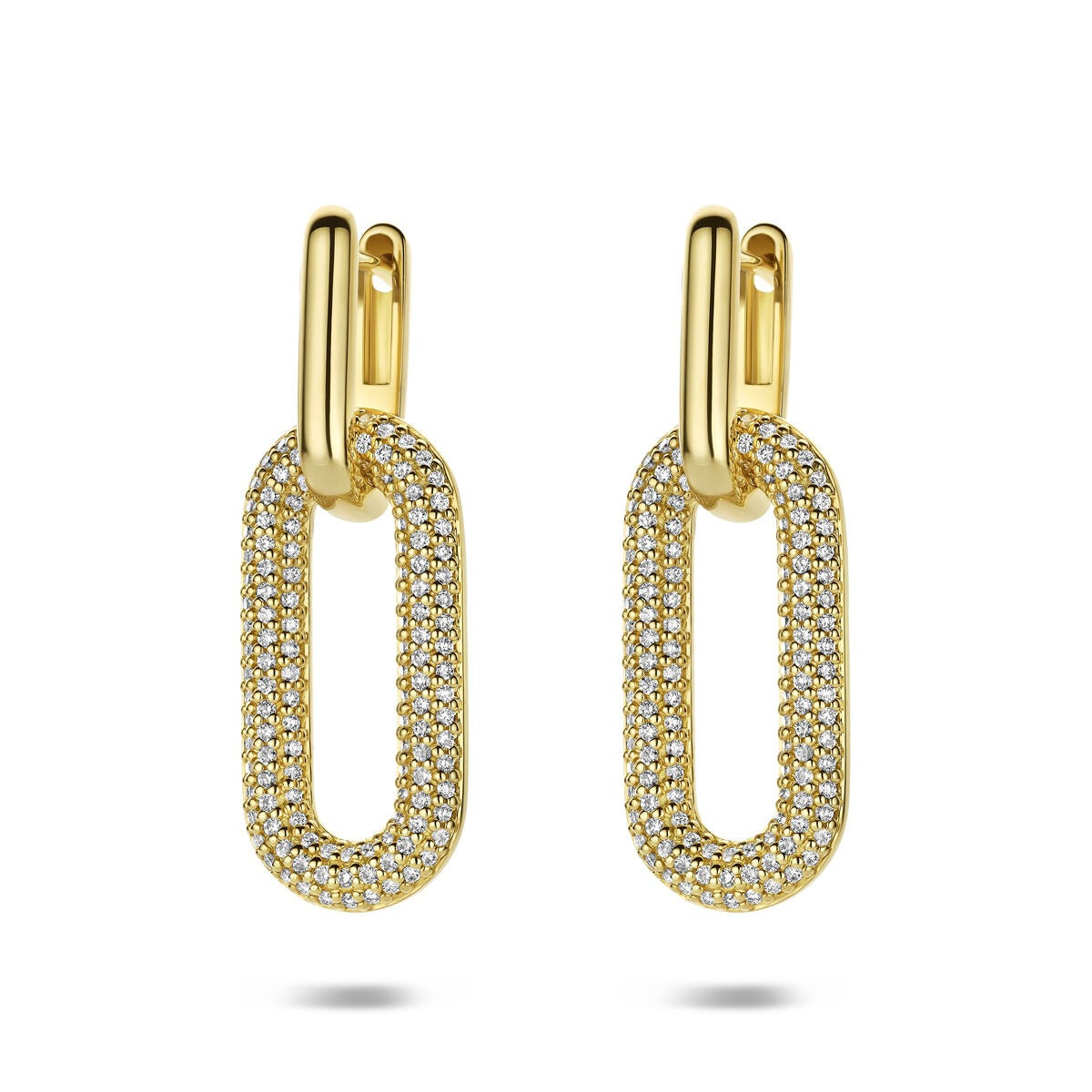 Orecchini in oro giallo 14k con diamanti, forma ovale e finitura lucida.