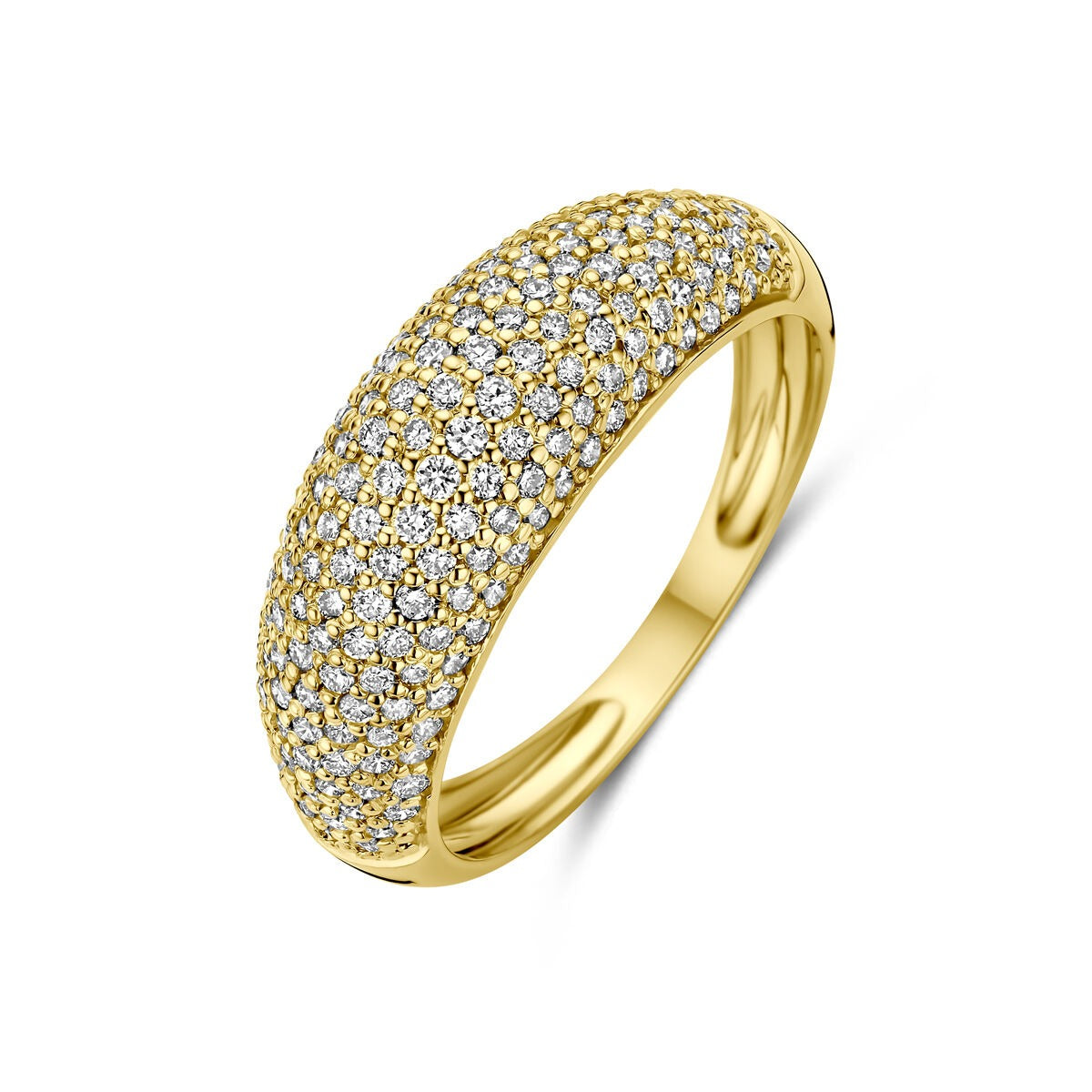 Anello in oro giallo 14k con diamanti lab-grown incastonati a pavé.