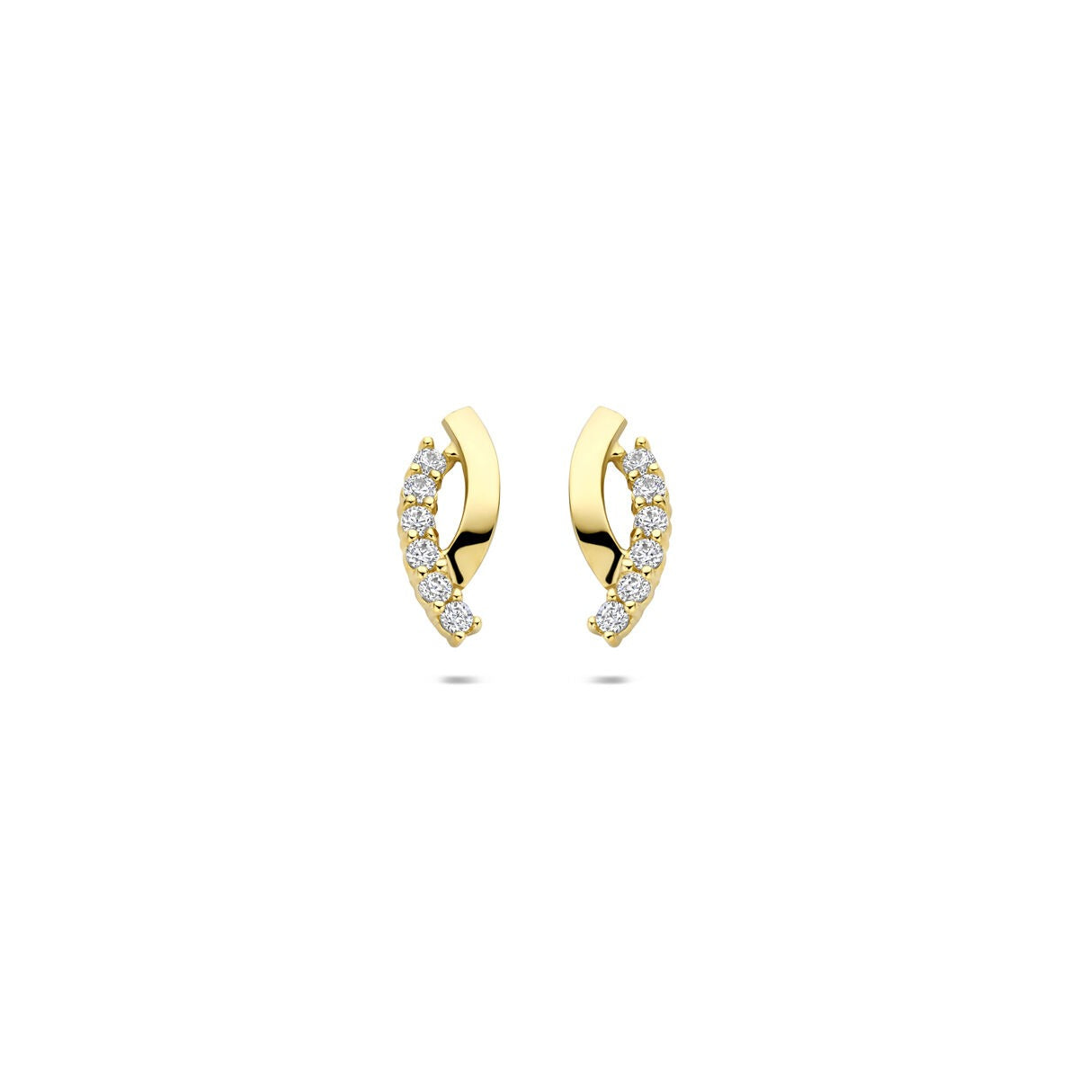 Orecchini in oro giallo 9k con zircone, design curvo e brillante.