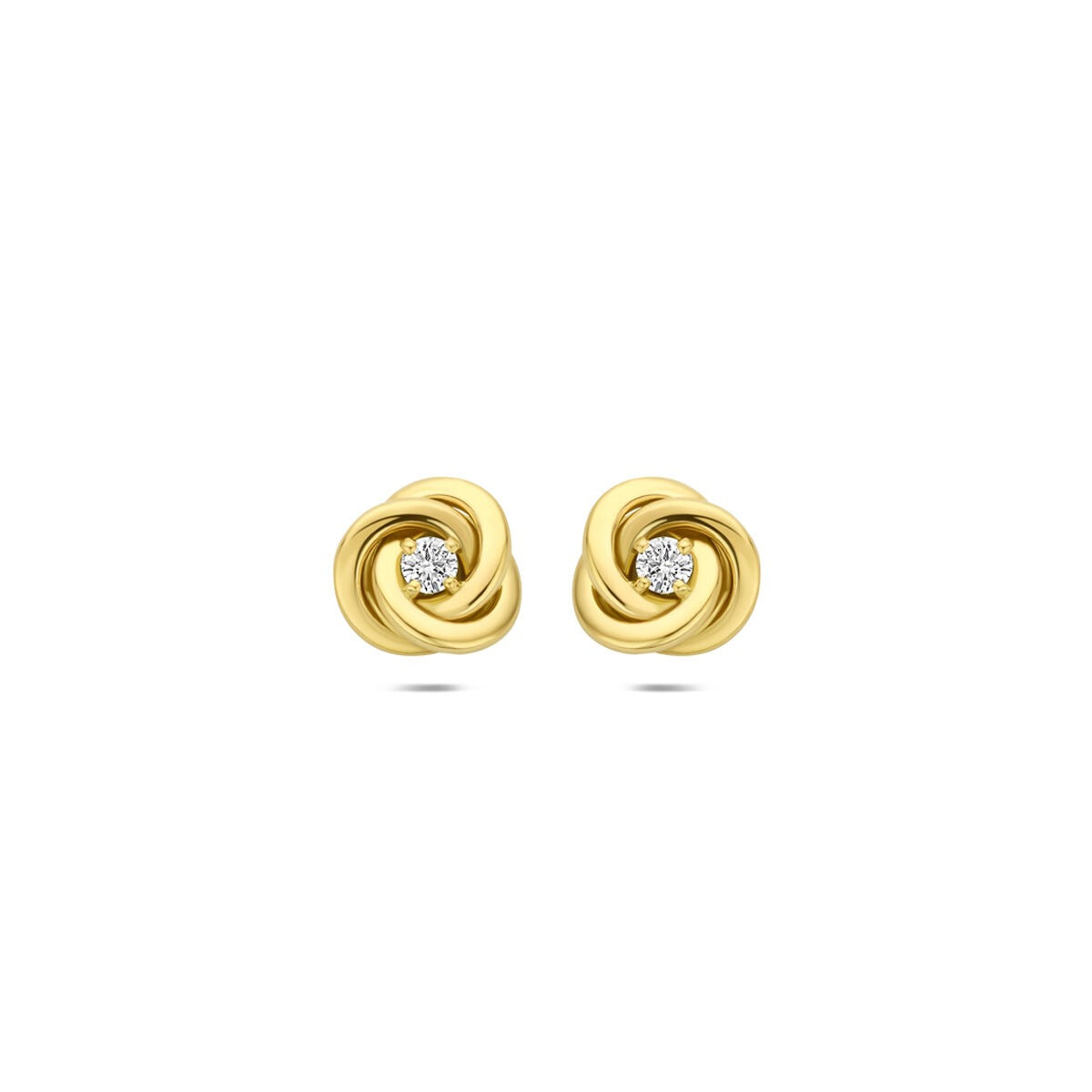 Orecchini in oro giallo 14k con diamante lab grown di 0,07 ct, design intrecciato.