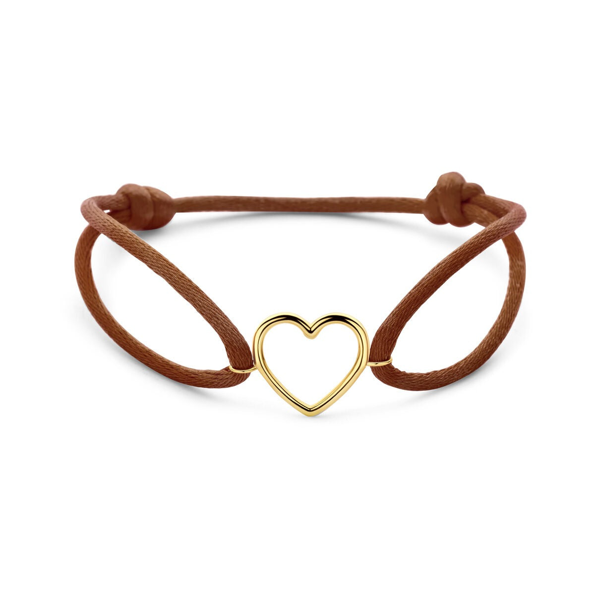 Bracciale in satin marrone con cuore in oro giallo 14k, design semplice e affettuoso.