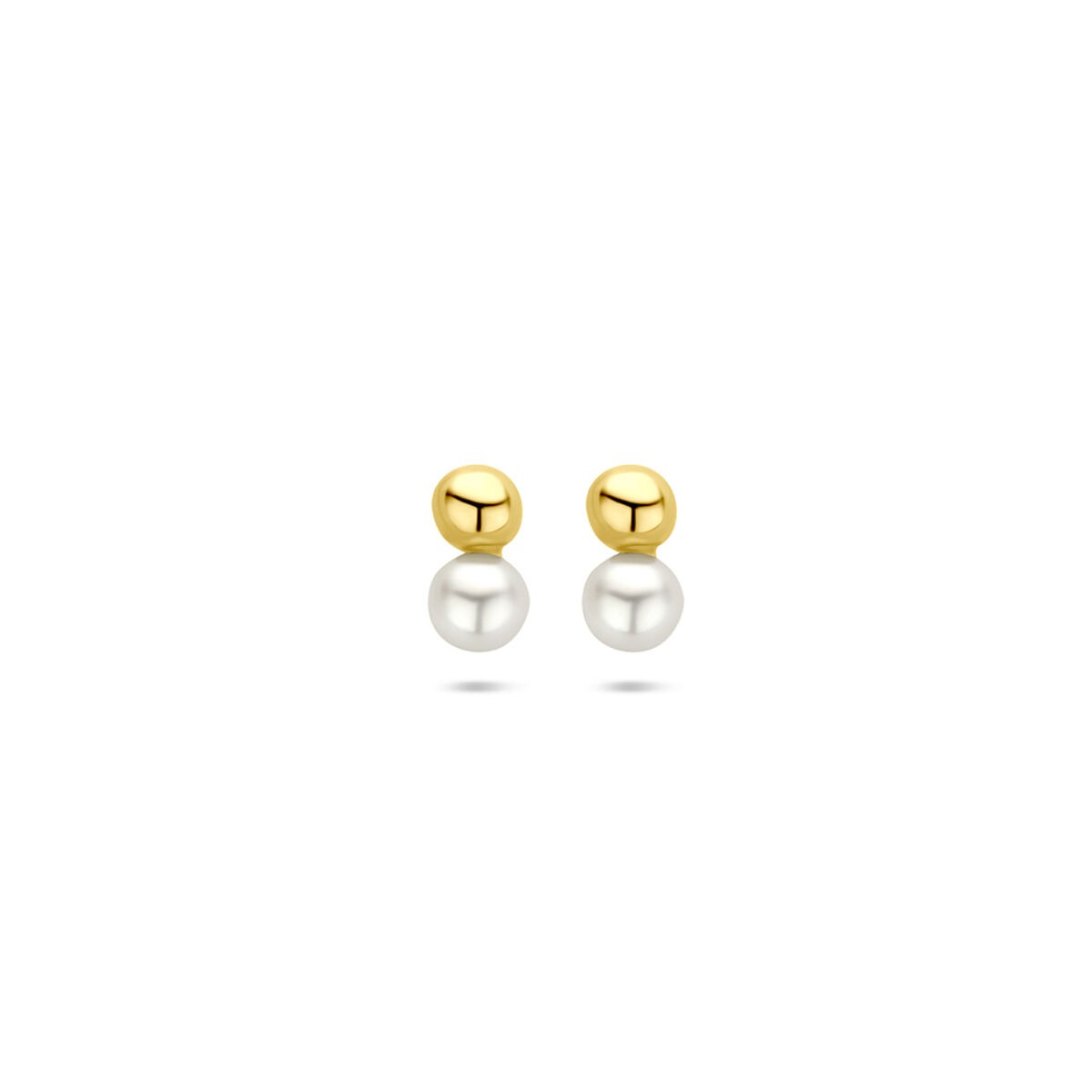 Orecchini in oro 14k con perla e sfera, diametro 6,5 mm.
