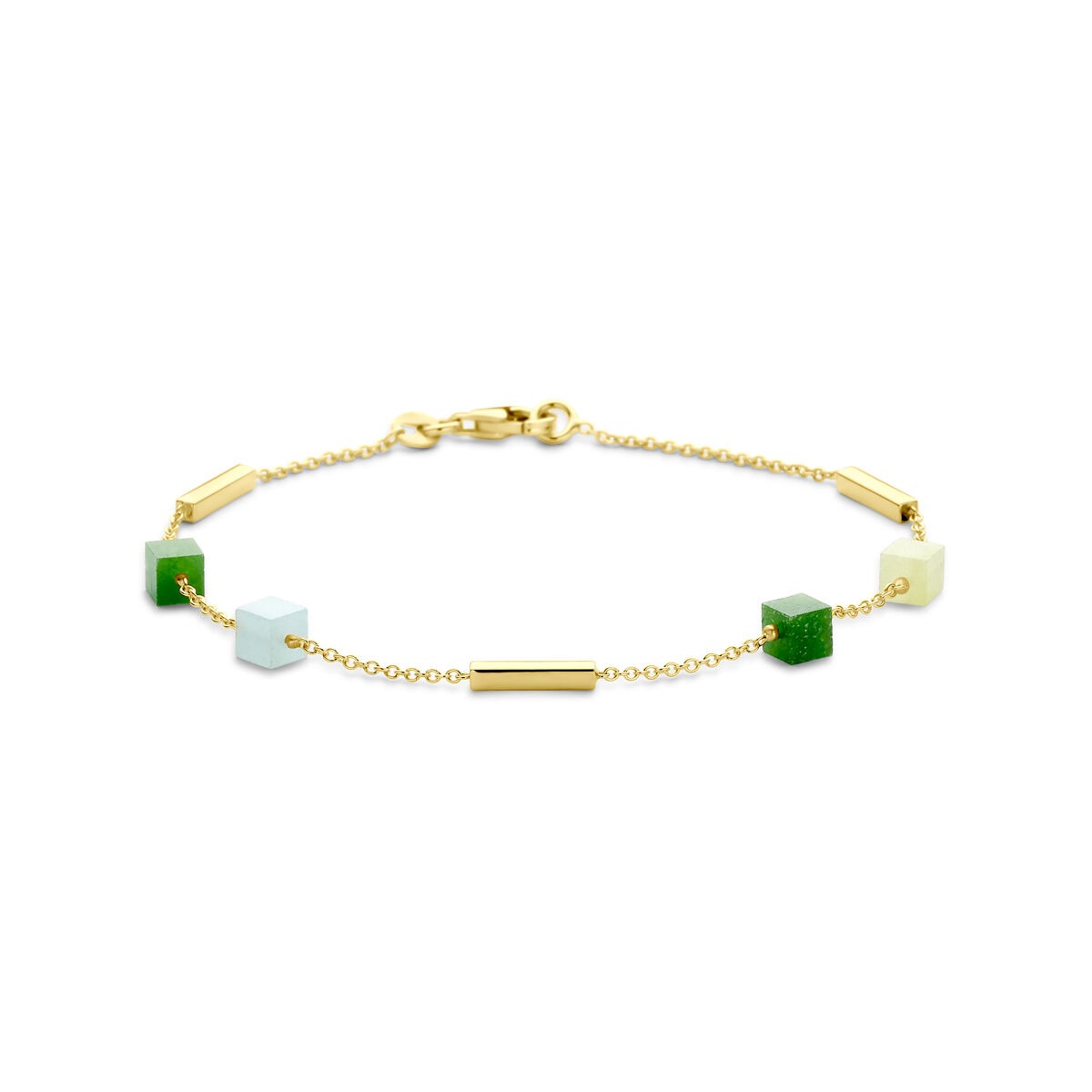 Bracciale in oro 14k con pietre di quarzo blu e verde, design delicato con elementi geometrici.