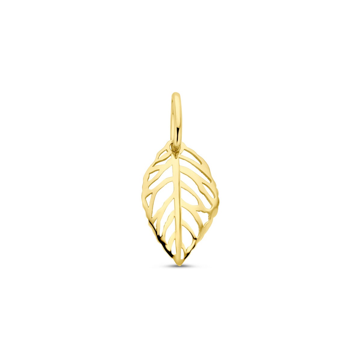 Ciondolo in oro giallo 14k a forma di foglia, con dettagli traforati, lungo 17 mm.