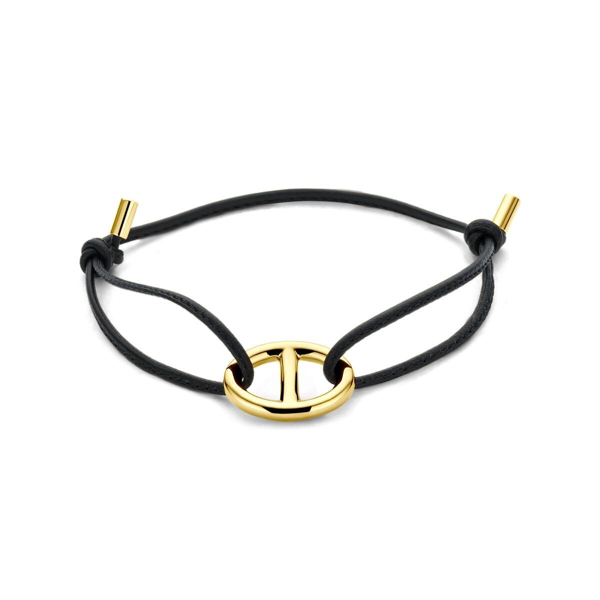 Bracciale in pelle nera con chiusura a marine in oro giallo 18k.