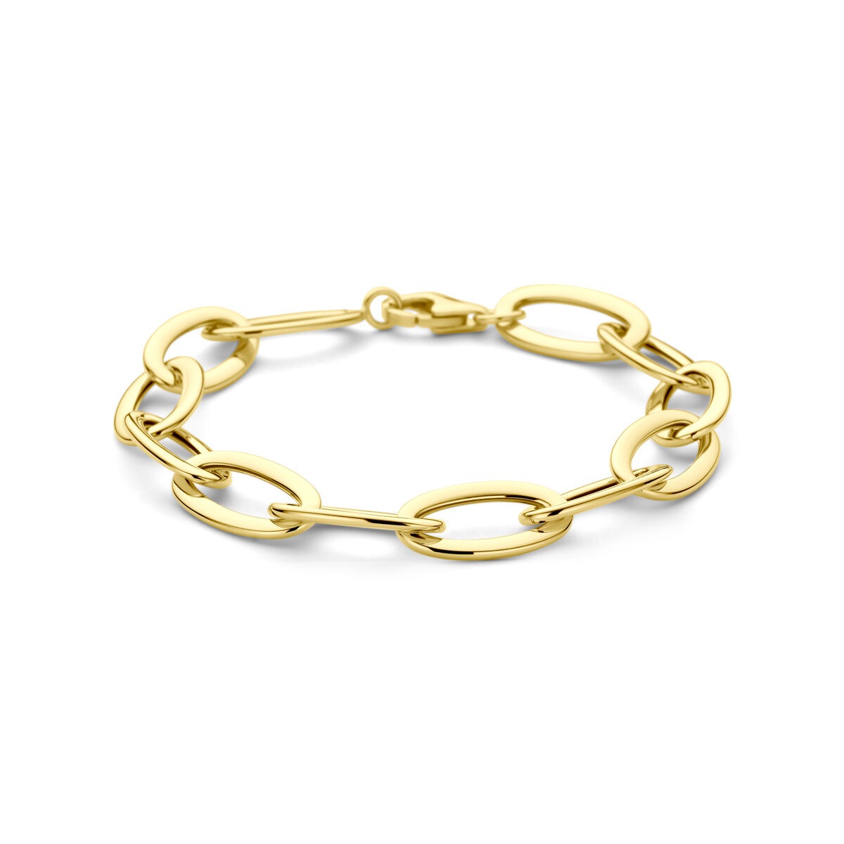 Bracciale in oro 14k con maglie a forma di anello e chiusura a moschettone.