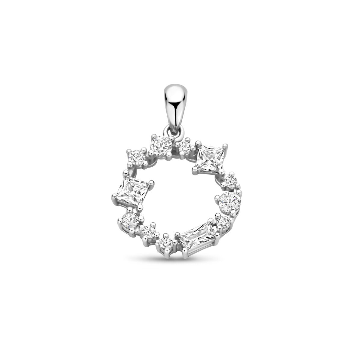 Ciondolo rotondo in argento rodiato con zirconi taglio brillante.